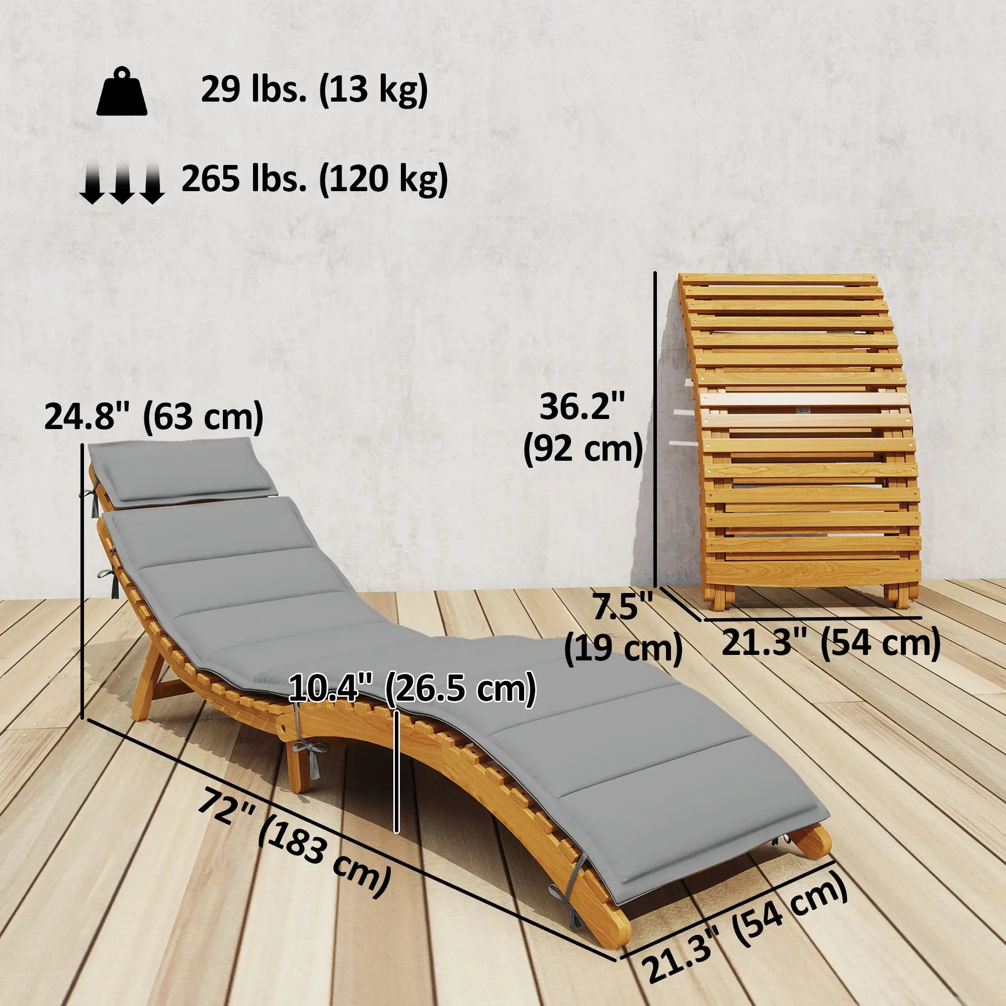 Folding Acacia Wood Chaise Lounge Chair with Cushion, Light Grey Lounger Chairs at Gallery Canada