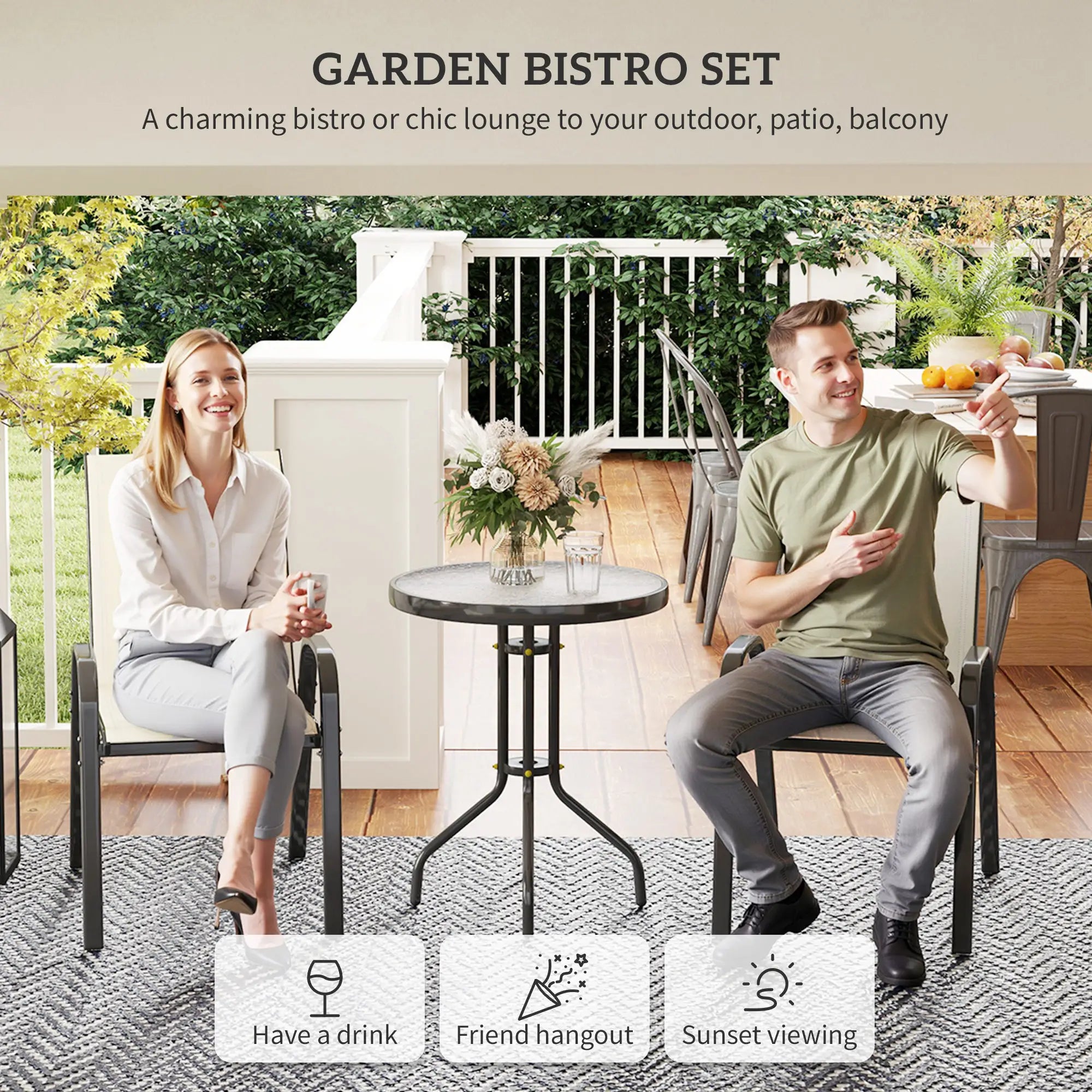 3 Piece Bistro Set, Stackable Mesh Chairs, Glass Table, Beige Bistro Sets at Gallery Canada
