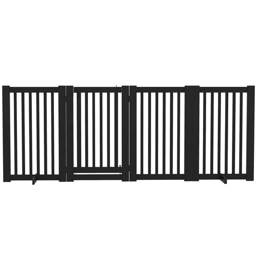 4 Panel Wooden Pet Gate, Free Standing, Open Door, Black