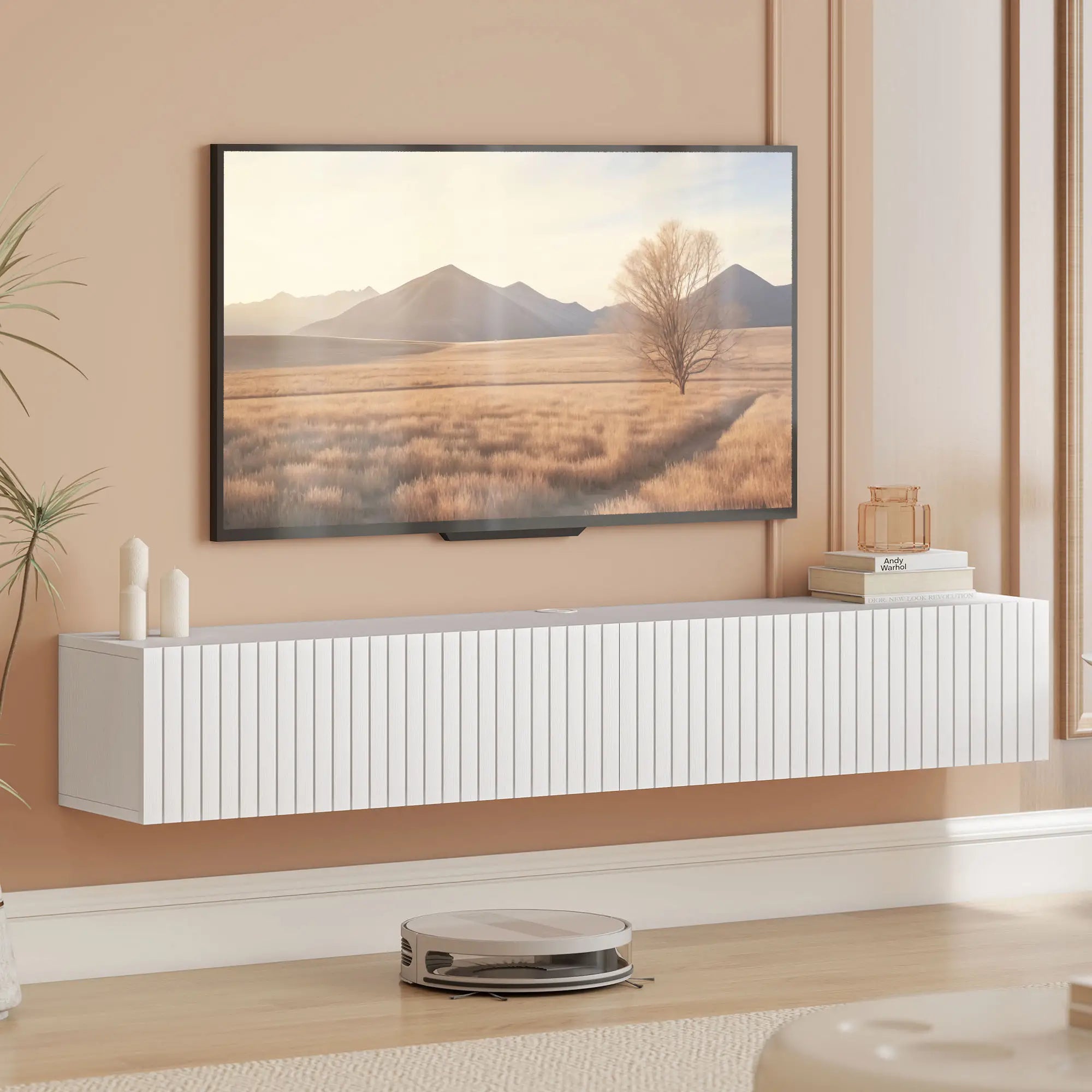55 Inch Floating TV Stand, Wall Mount Media Console, 2 Fluted Doors, White TV Stands at Gallery Canada