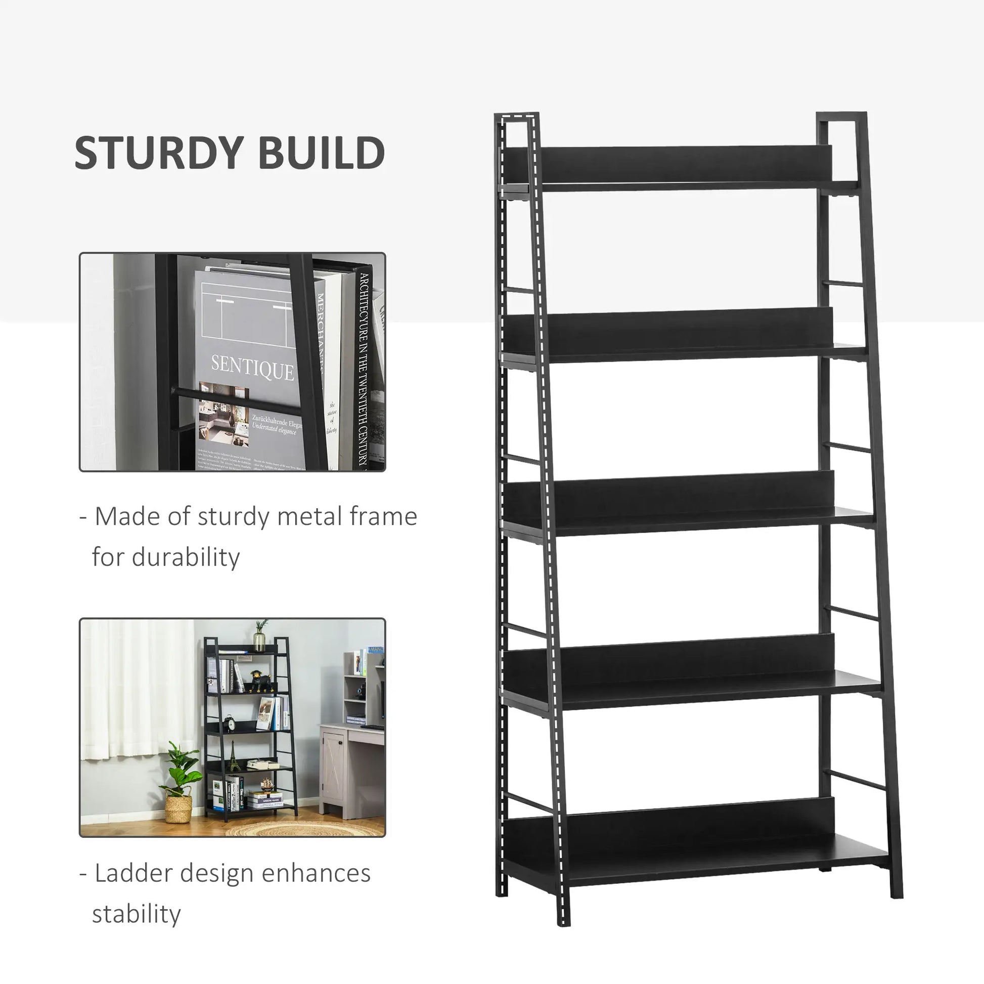 5-Tier Bookshelf, Metal Frame, Wooden Shelves, Living Room Furniture, Black Display Bookshelves at Gallery Canada