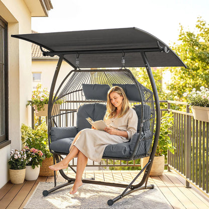 Hanging Double Egg Chair with Canopy, Cushion, Stand, Dark Grey