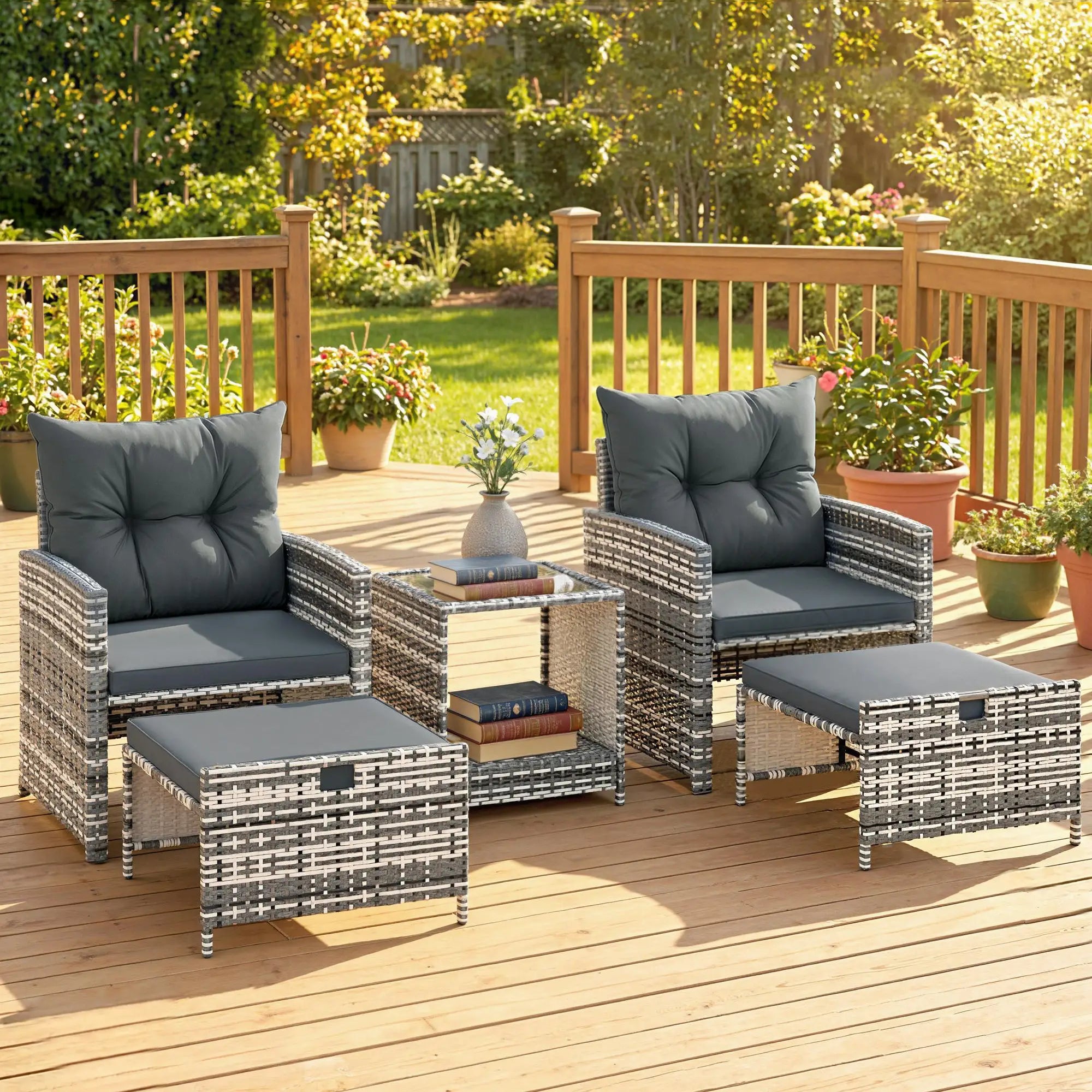 5 Piece Patio Furniture Set, Wicker Chairs, 2-Tier Glass Table, Grey/Dark Grey Patio Furniture Sets at Gallery Canada