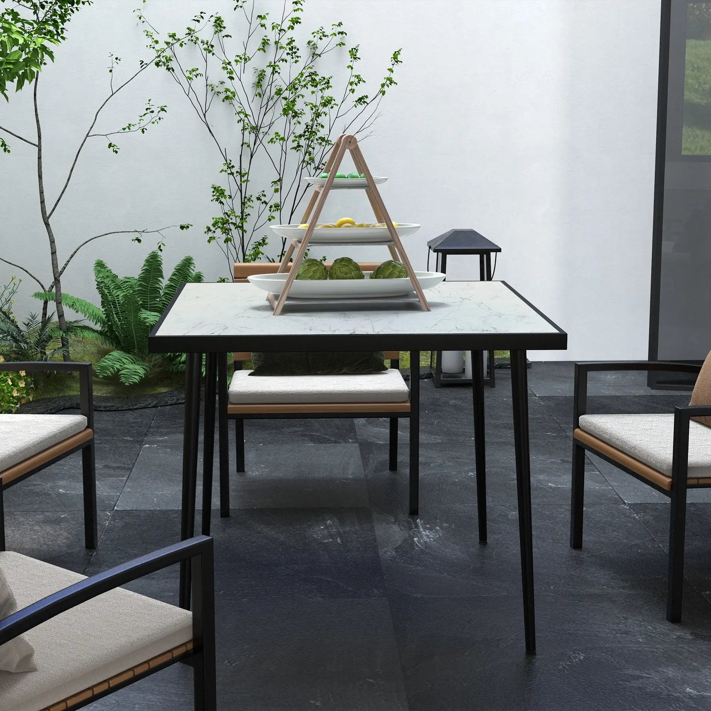 Square Outdoor Dining Table for 4, Marble Effect Glass Top, Steel Frame, White Patio Dinning Tables at Gallery Canada