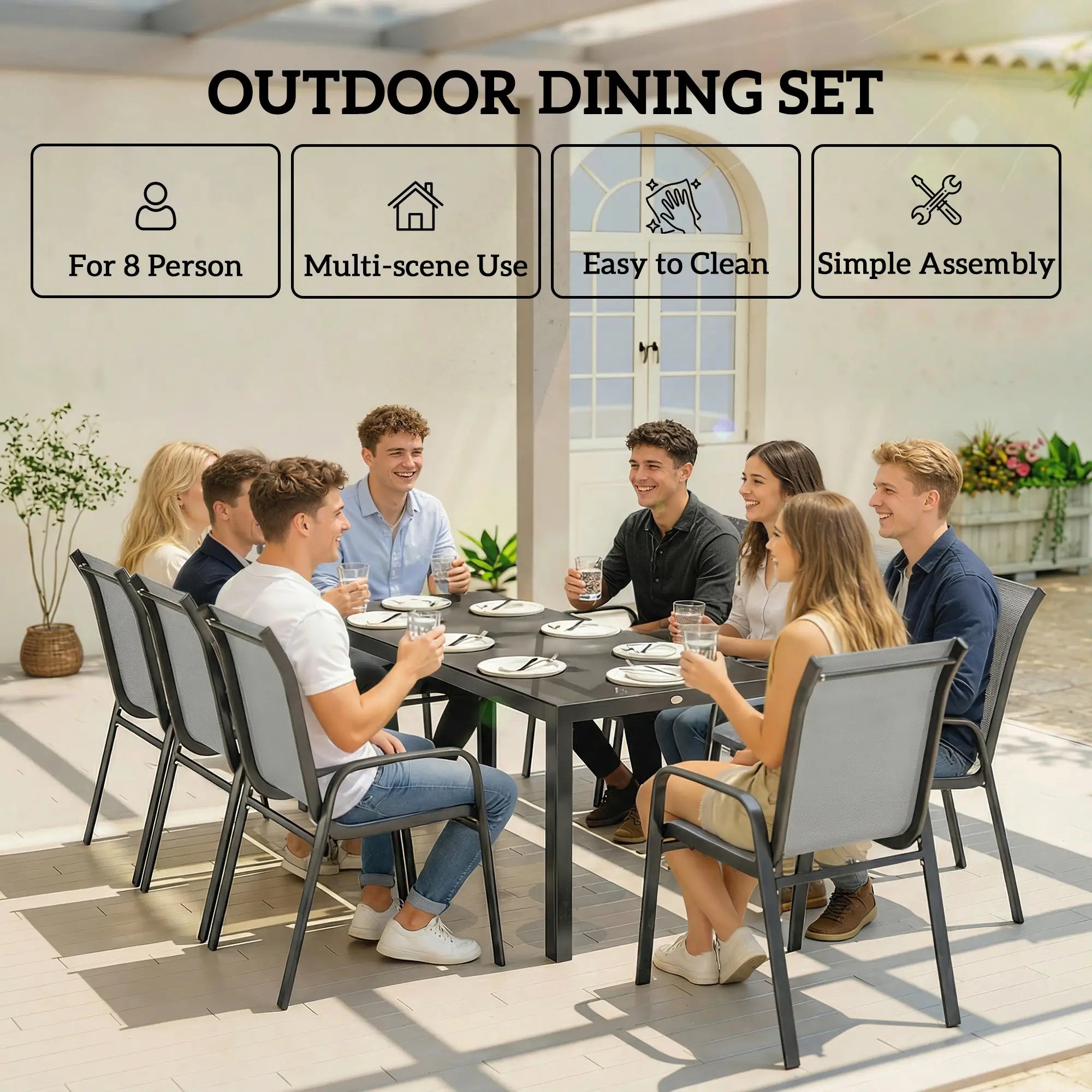 9 Piece Patio Set, Stackable Chairs, Glass Top, Light Grey Outdoor Dining Sets at Gallery Canada