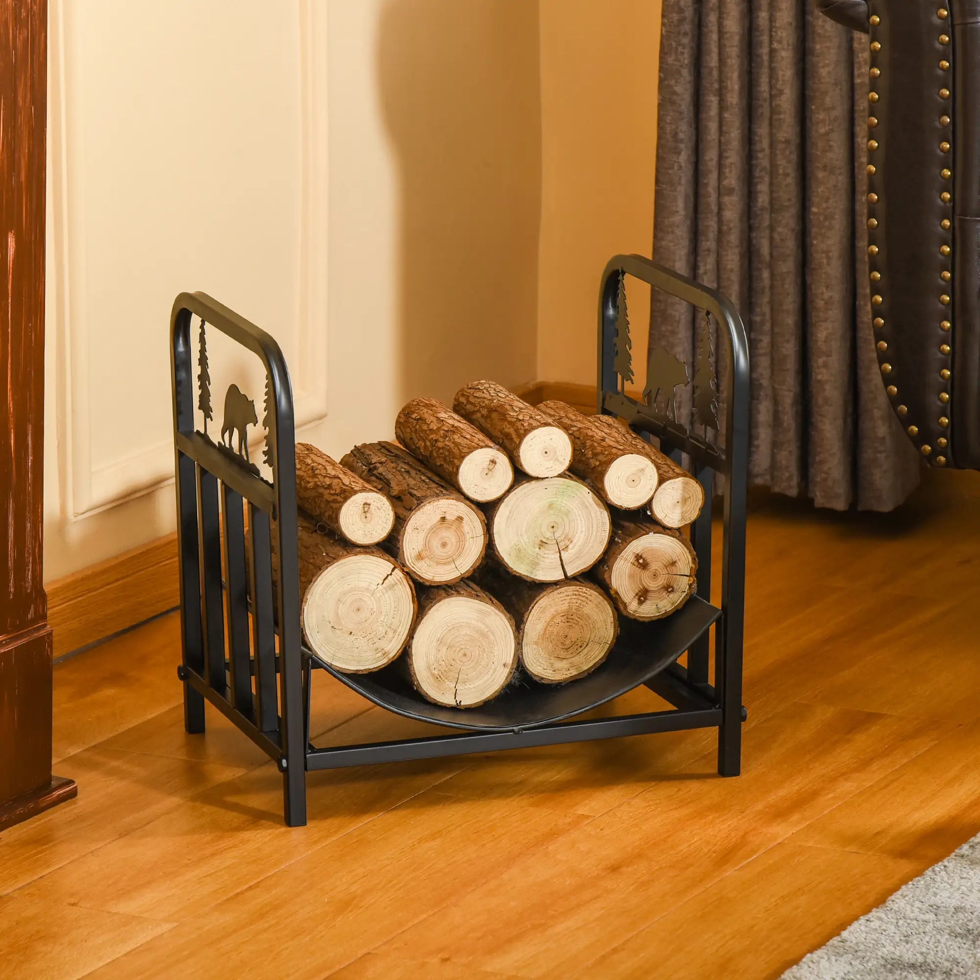 Curved Firewood Rack, Bear Pine Tree Design, 17 Inch, 110 Lbs., Black Firewood Racks at Gallery Canada