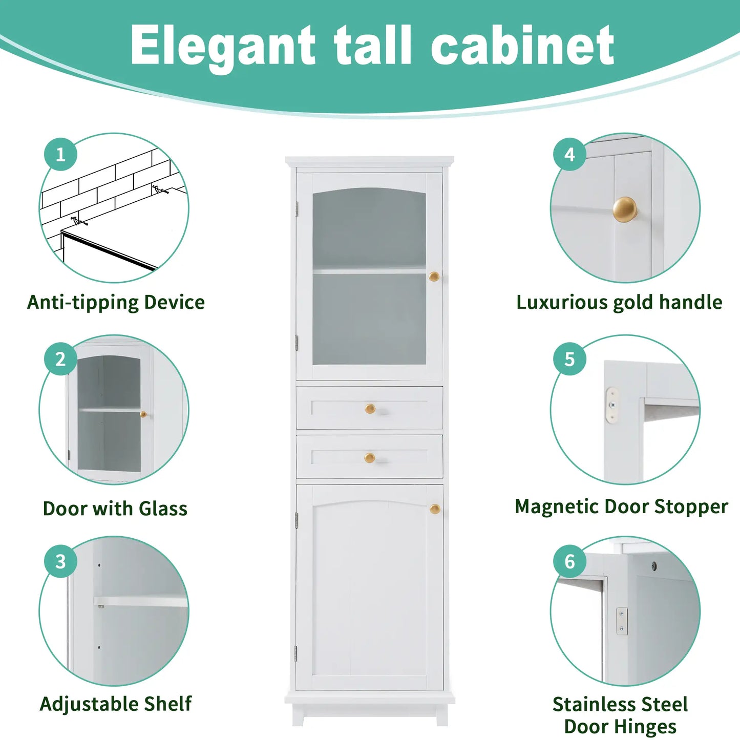 Bathroom Storage Cabinet, Glass Doors, Adjustable Shelves, 18" L x 14" W x 63" H, White Bathroom Cabinets at Gallery Canada