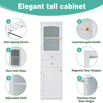 Bathroom Storage Cabinet, Glass Doors, Adjustable Shelves, 18" L x 14" W x 63" H, White Bathroom Cabinets at Gallery Canada