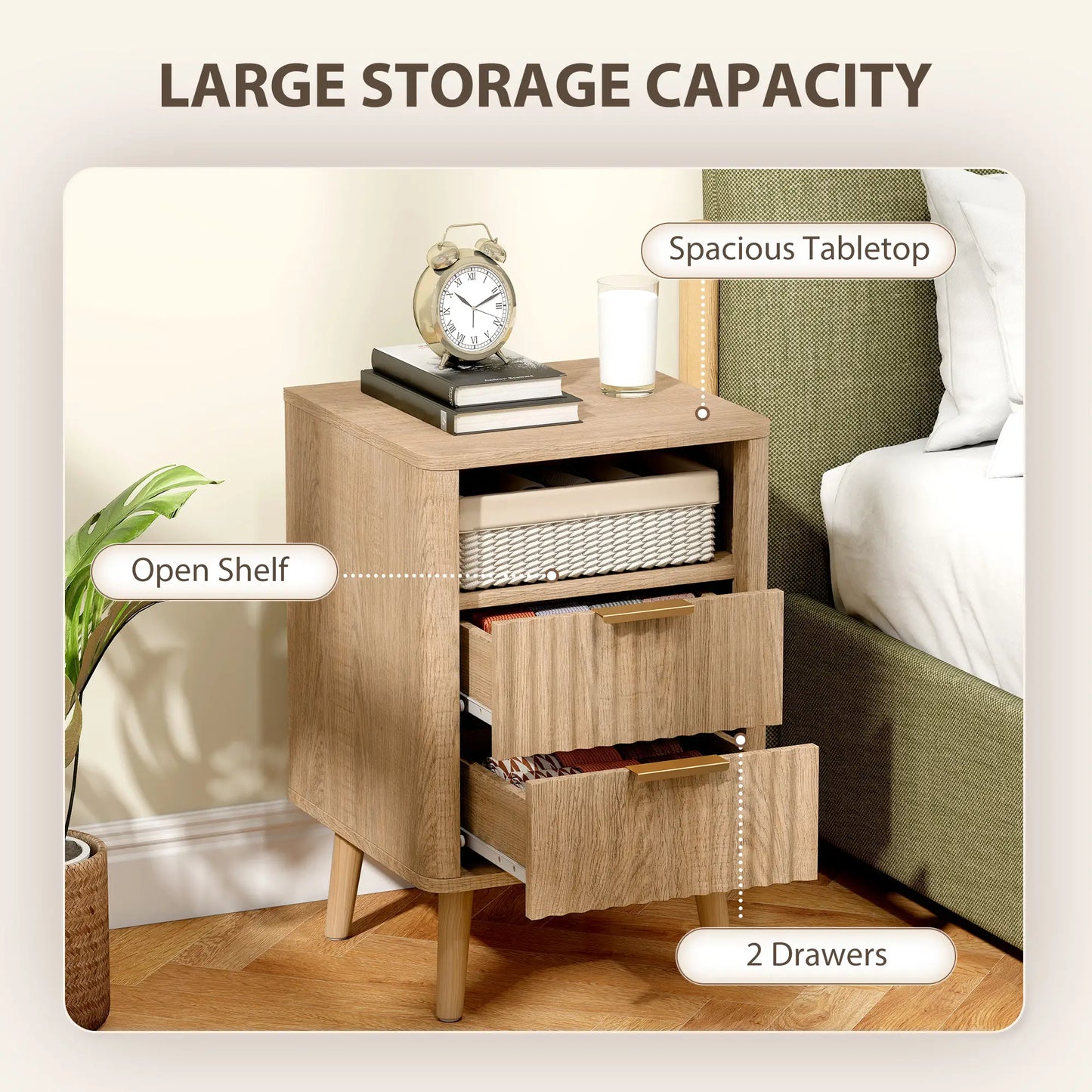 Modern Nightstands Set Of 2, Charging Station, 2 Drawers, Open Shelf, Oak Bedside Tables at Gallery Canada