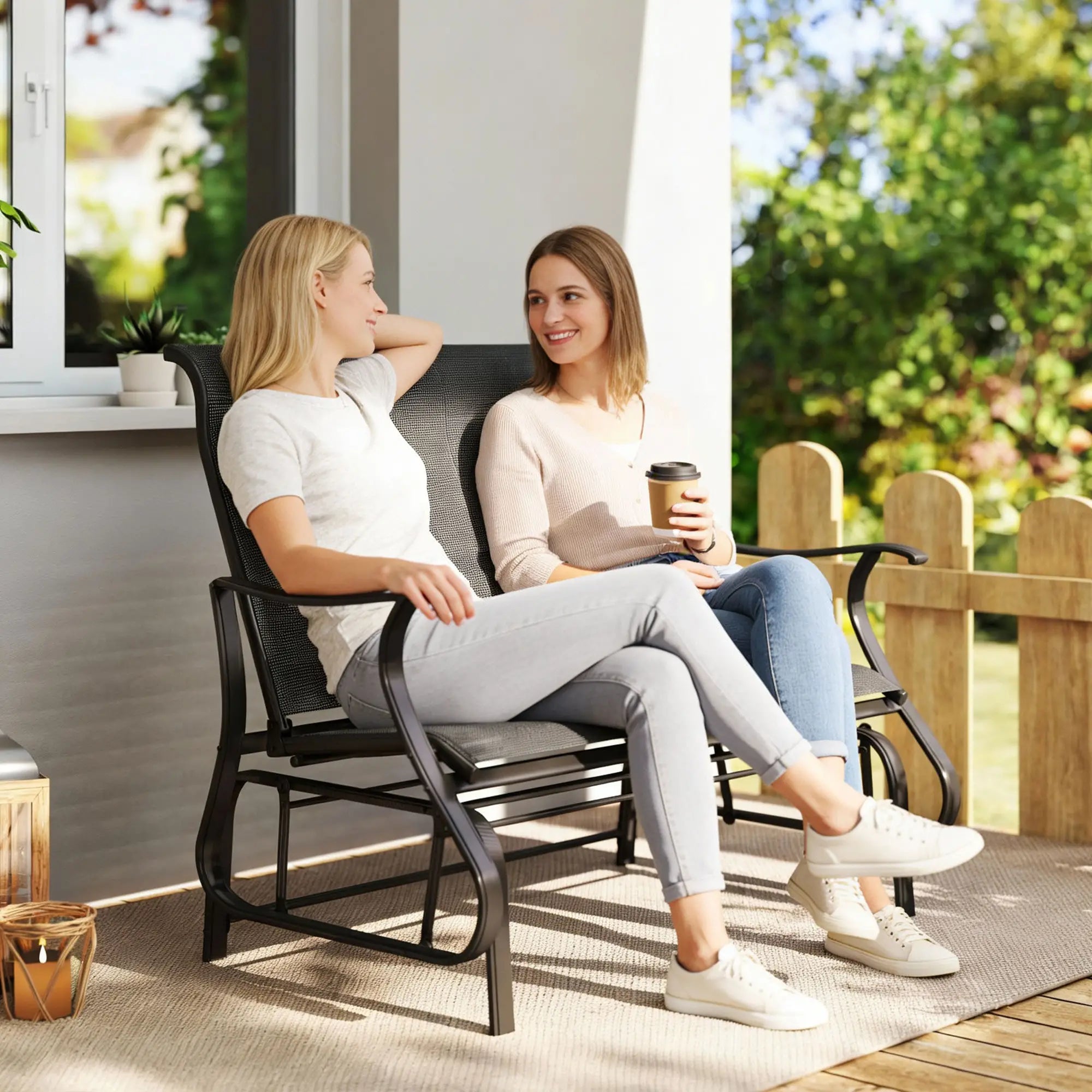 Garden Double Gliding Chair, Steel Frame, Mesh Seat Backrest, Black Outdoor Gliders at Gallery Canada
