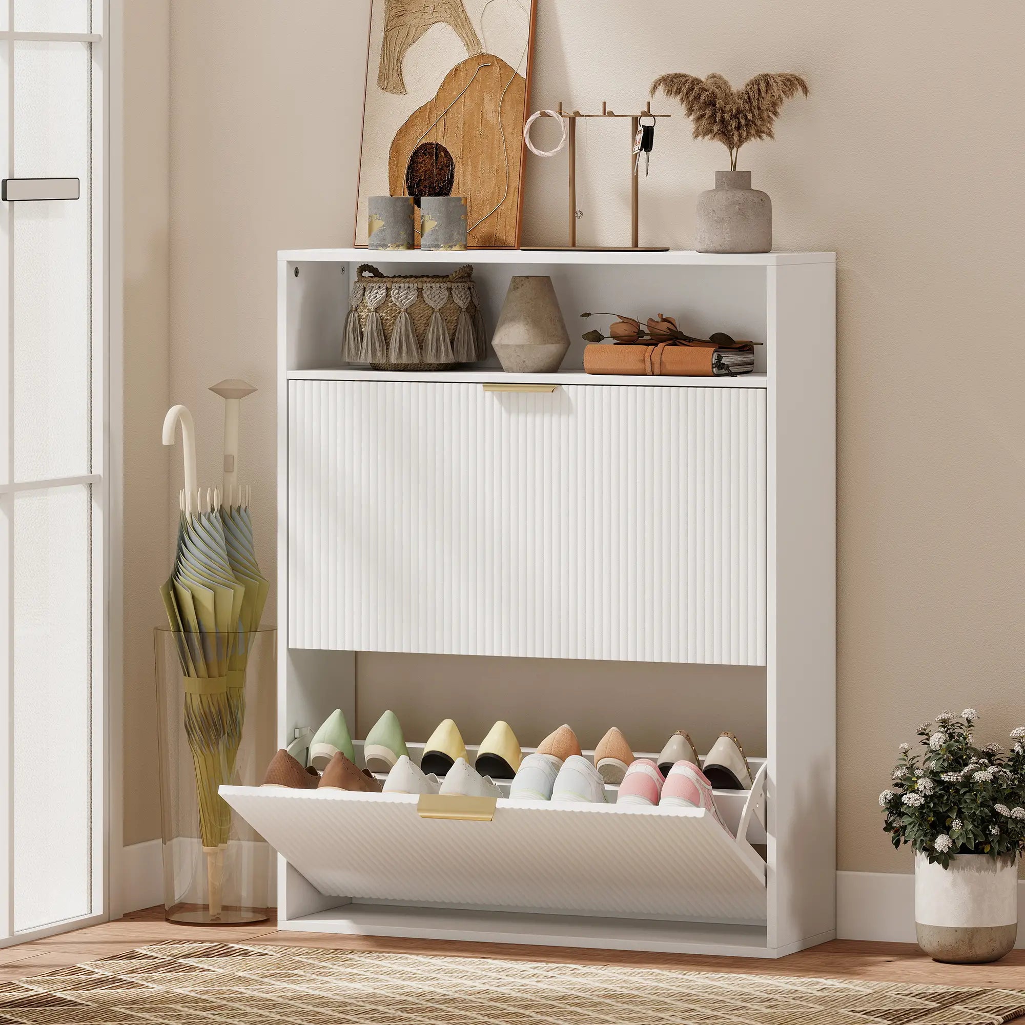 Narrow Shoe Cabinet With 2 Flip Drawers, Top Shelf, White Shoe Storage Cabinets & Racks at Gallery Canada