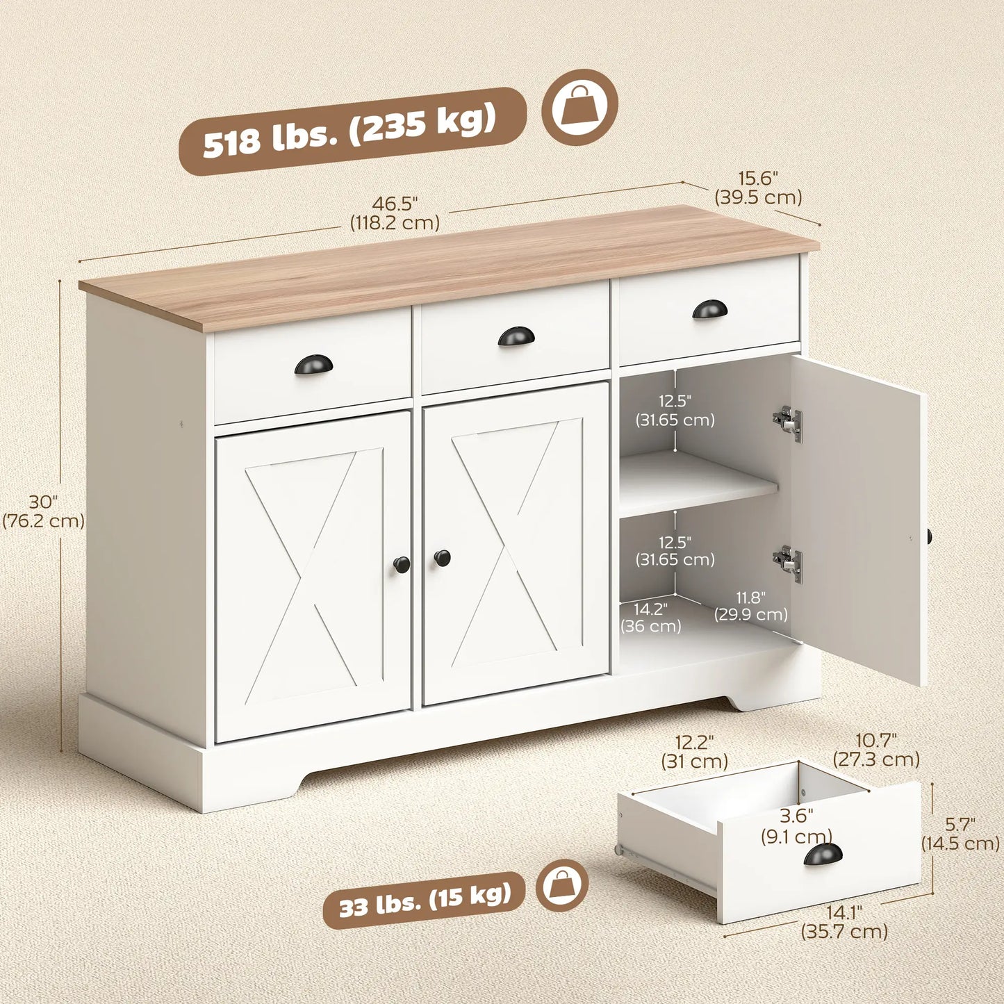 46.5" Buffet Cabinet, Farmhouse Sideboard, 3 Barn Doors, 3 Drawers, White Bar Cabinets at Gallery Canada