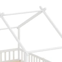 Cadre de lit jumeau, lit de maison en bois massif avec toit, garde-corps, sans sommier à ressorts, blanc