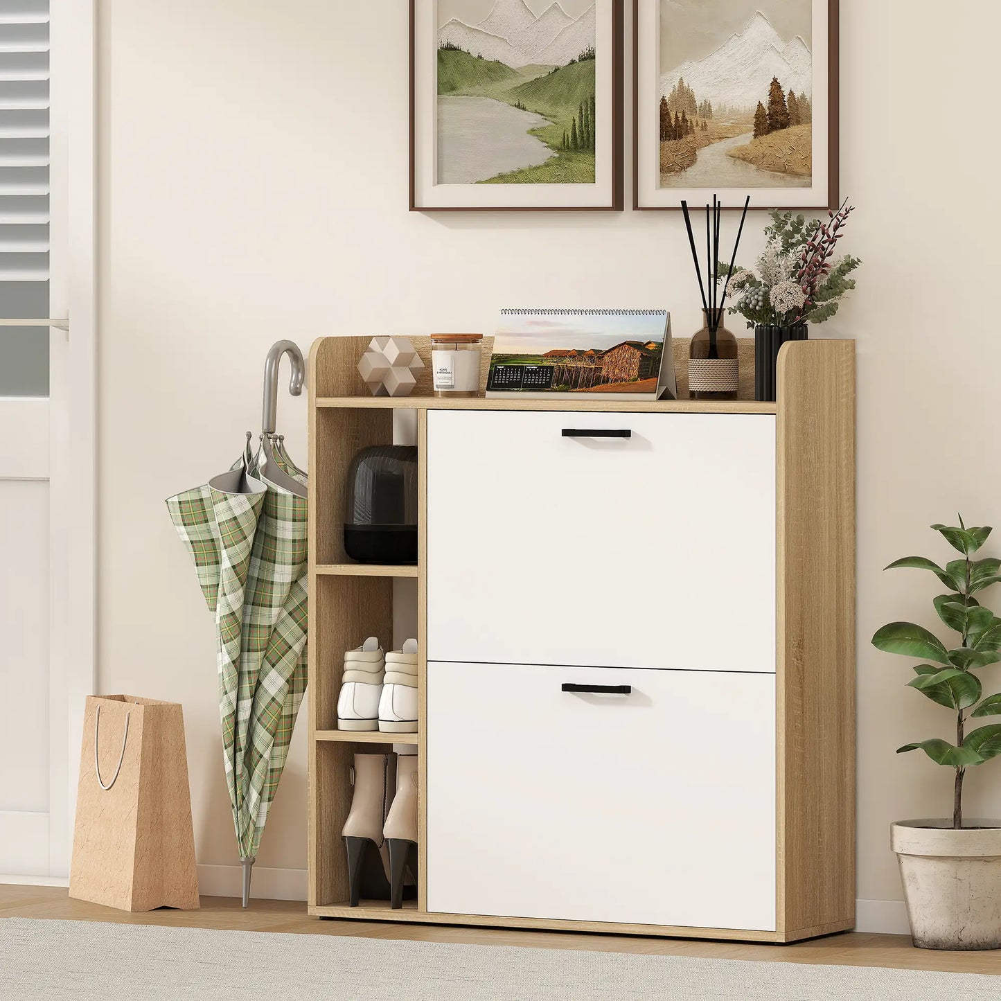 Shoe Cabinet with 2 Flip Drawers, 3 Side Compartments, Adjustable Shelves, 8-12 Pairs for Entryway Hallway, Natural Shoe Storage Cabinets & Racks at Gallery Canada