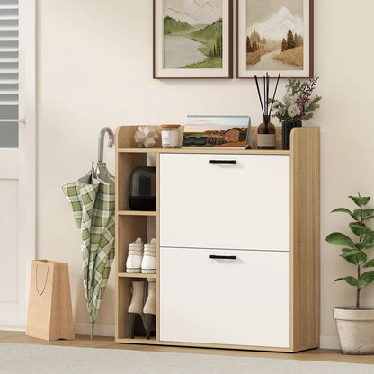 Shoe Cabinet with 2 Flip Drawers, 3 Side Compartments, Adjustable Shelves, 8-12 Pairs for Entryway Hallway, Natural Shoe Storage Cabinets & Racks at Gallery Canada