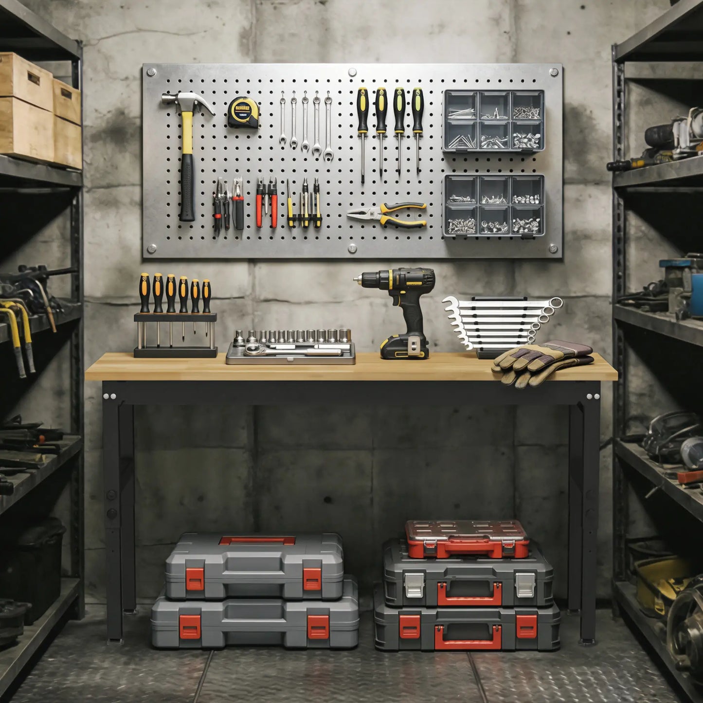 60" Adjustable Workbench, Heavy Duty Work Table with Rubber Wood Top, Power Outlets, Pegboard, 2000 LBS Capacity Tool Organizers at Gallery Canada