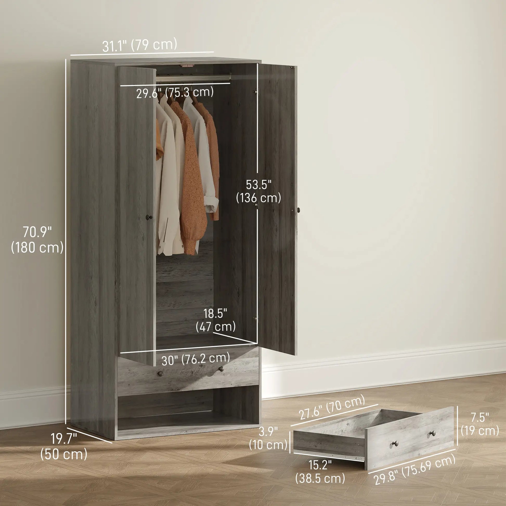 Modern Wardrobe Closet, 2 Drawers, Hanging Rod, Grey Clothing Storage at Gallery Canada