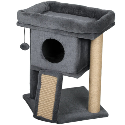 Small Cat Tree Tower with Perch, Scratching Post, Condo, Toy Ball, Dark Grey