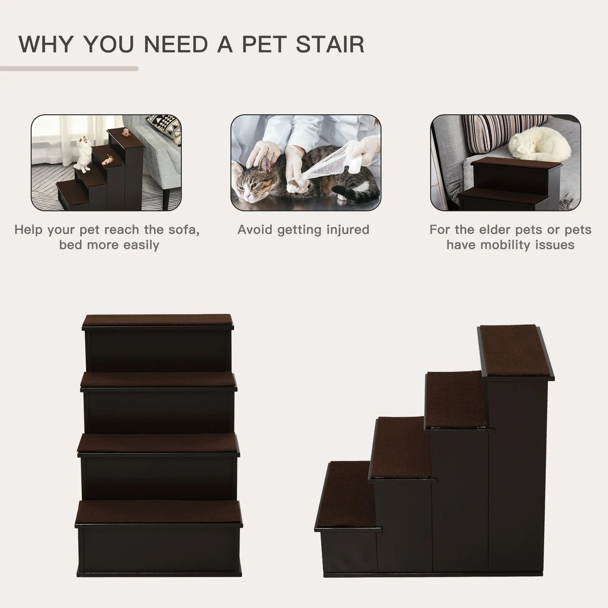 4-Level Wooden Pet Stairs, Non-Slip Carpet, Dark Coffee Dog Stairs at Gallery Canada