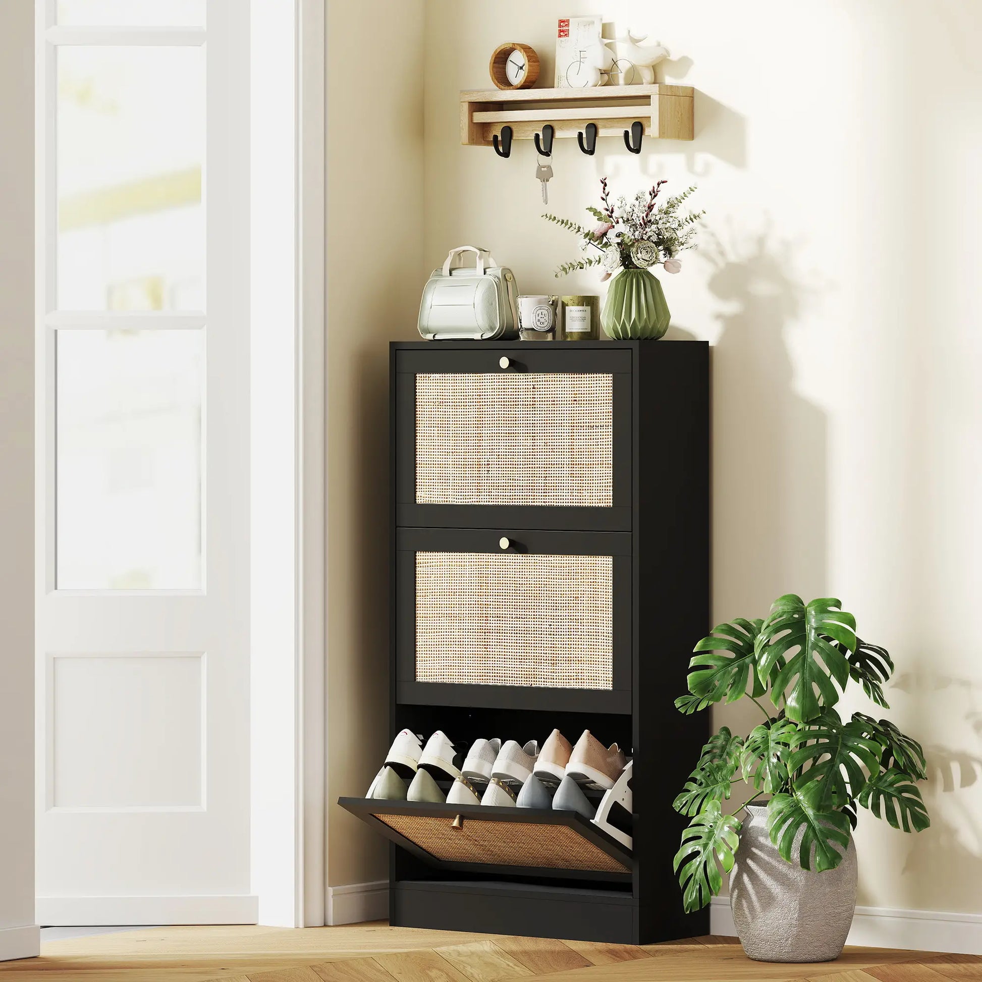 Rattan Shoe Storage Cabinet, 3 Flip Drawers, Adjustable Shelves, 18 Pairs, Black Shoe Storage Cabinets & Racks at Gallery Canada