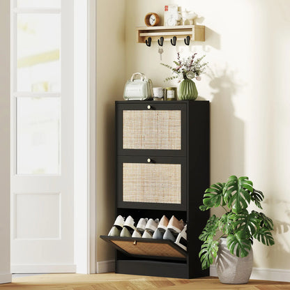 Rattan Shoe Storage Cabinet, 3 Flip Drawers, Adjustable Shelves, 18 Pairs, Black Shoe Storage Cabinets & Racks at Gallery Canada