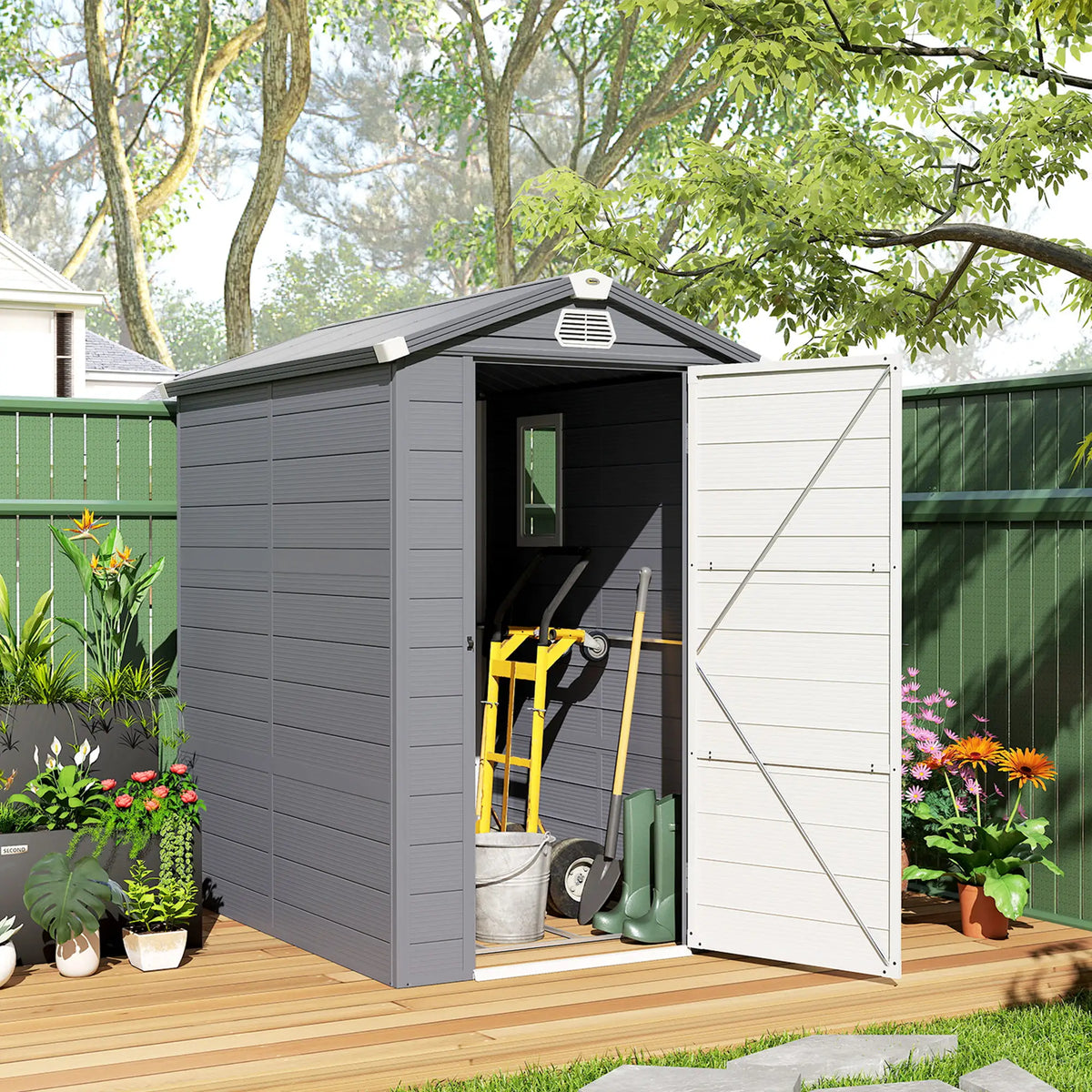 4.5' x 6' Plastic Garden Storage Shed, Latch Door, Vents, Dark Grey Sheds at Gallery Canada