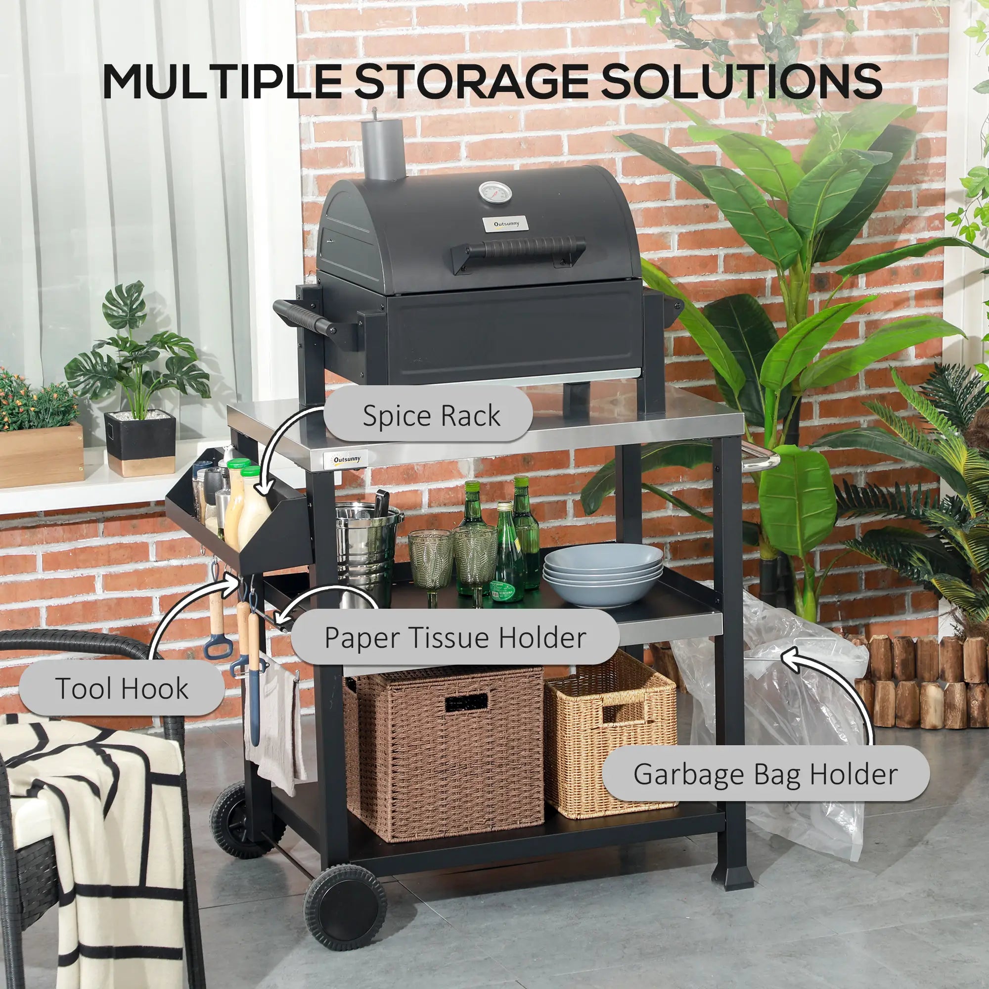 3-Shelf Outdoor Grill Cart, Stainless Steel Pizza Oven Stand On Wheels, Black Outdoor Grill Carts at Gallery Canada