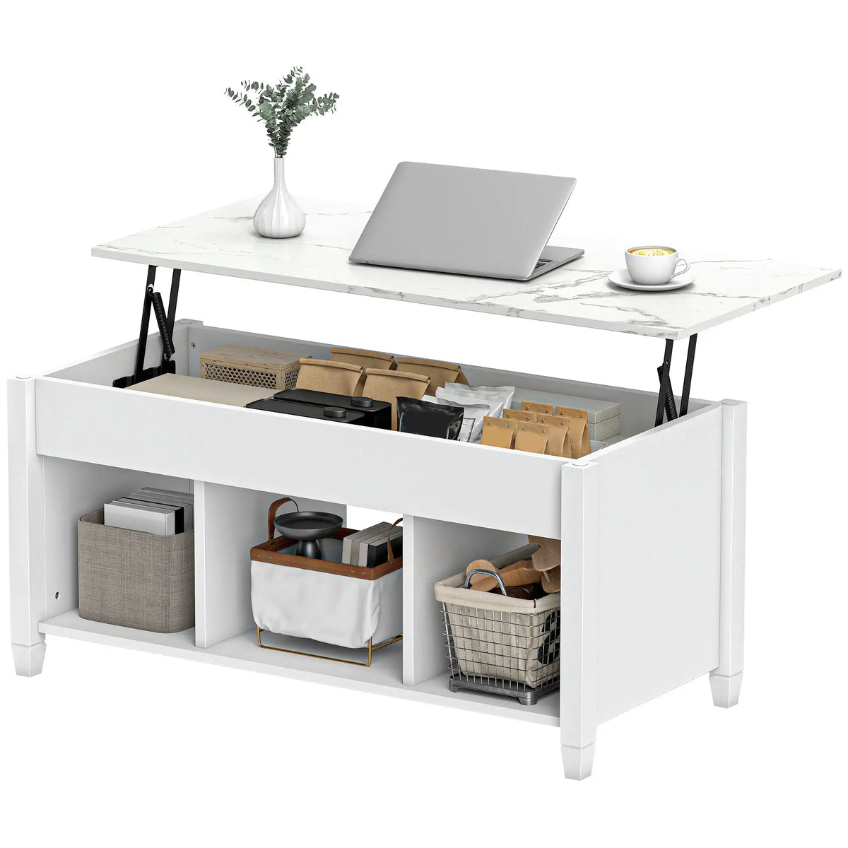 Lift Top Coffee Table, Storage Shelves, Hidden Compartment, 41" L, White Coffee Tables at Gallery Canada