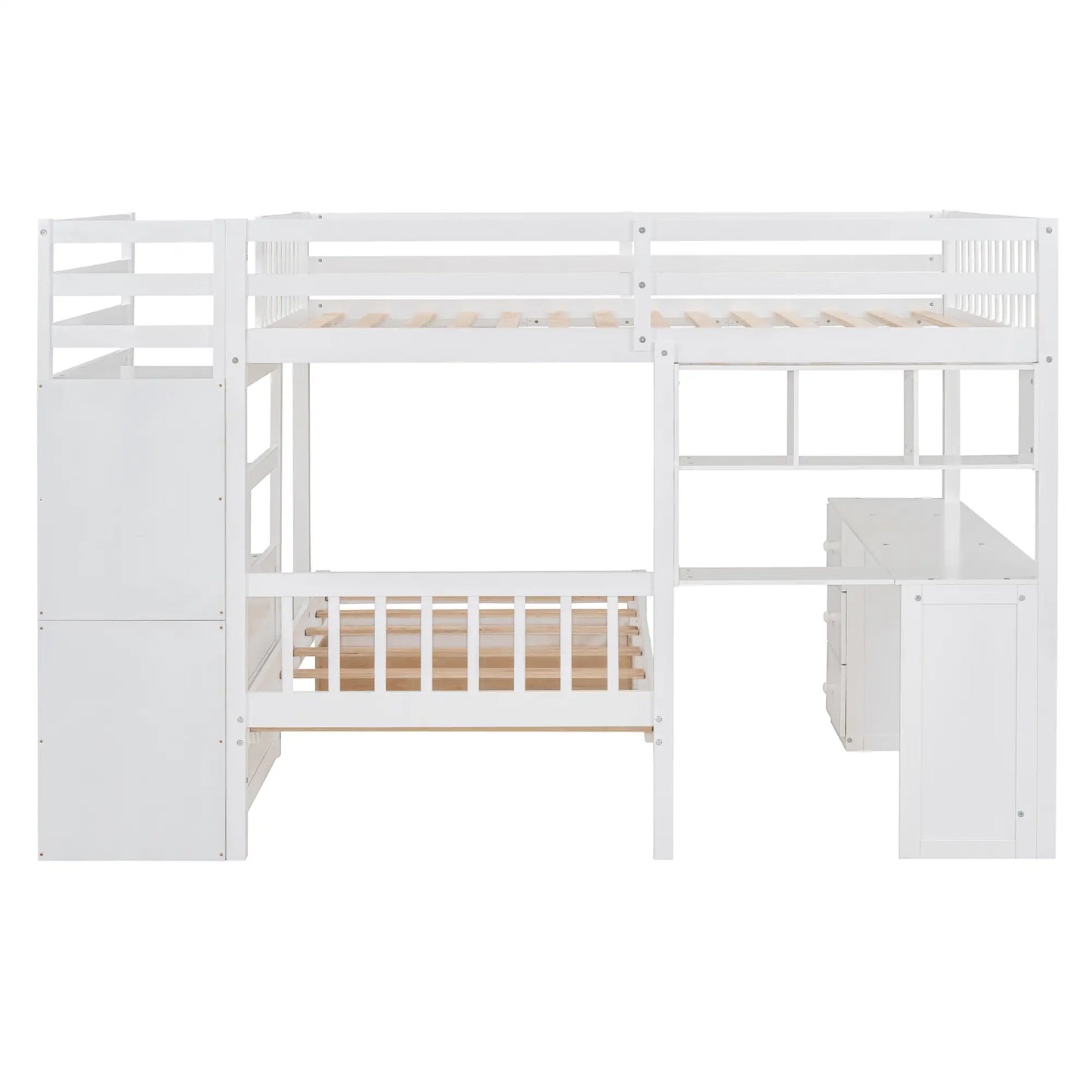 Over Twin Bunk Bed with Desk, Drawers, Shelves, 98" L x 80" W x 64.5" H, White Bed Frames at Gallery Canada