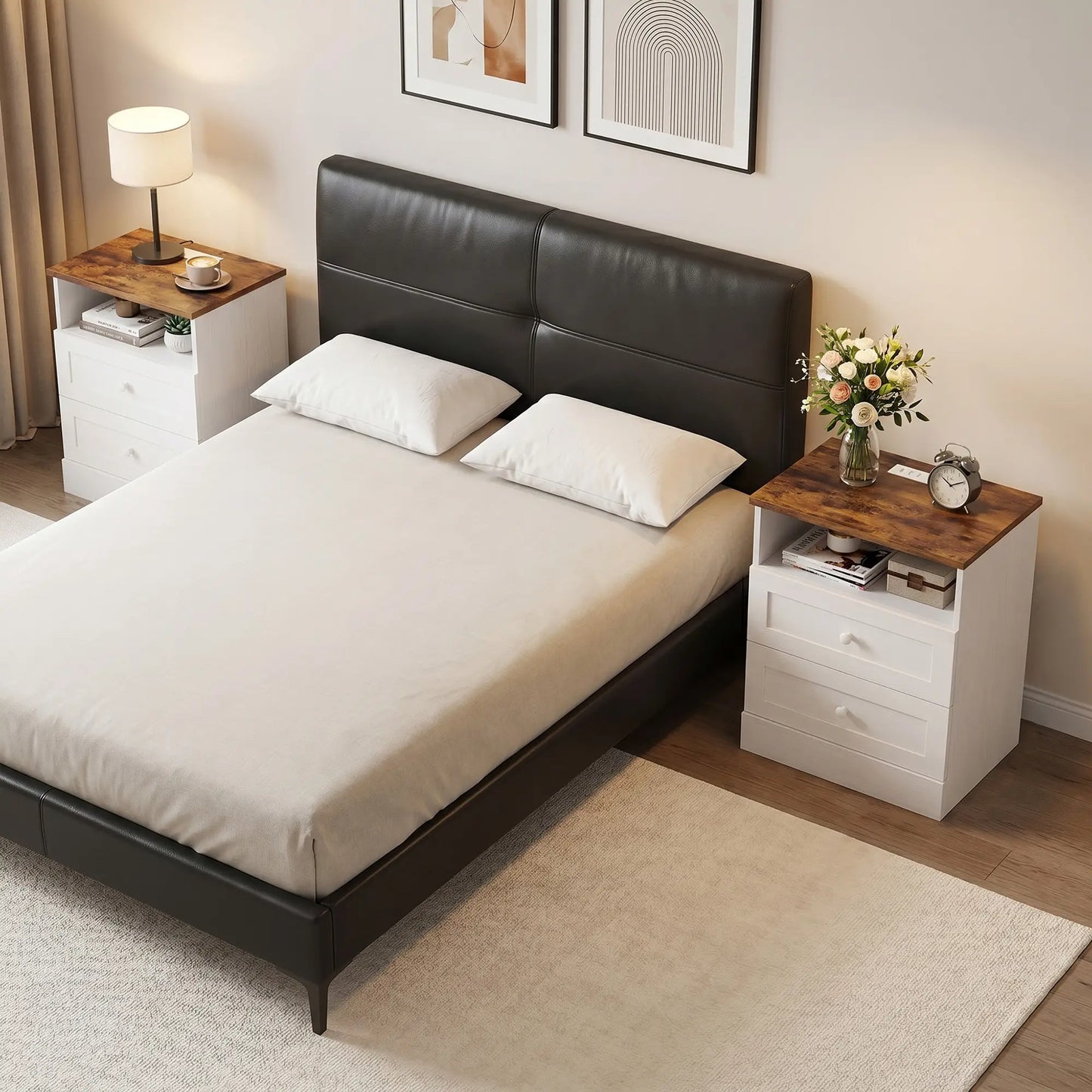 Nightstand with Charging Station 2 Drawers Bedside Table Set of 2 White and Oak Bedside Tables at Gallery Canada