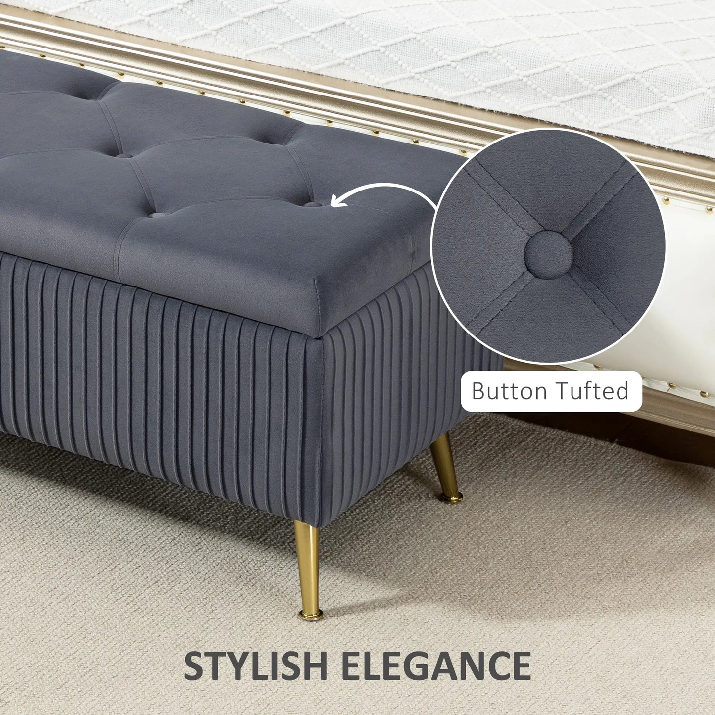 43 Inch Storage Ottoman Bench, Steel Legs, Padded Seat, Dark Grey Storage Ottomans & Benches at Gallery Canada