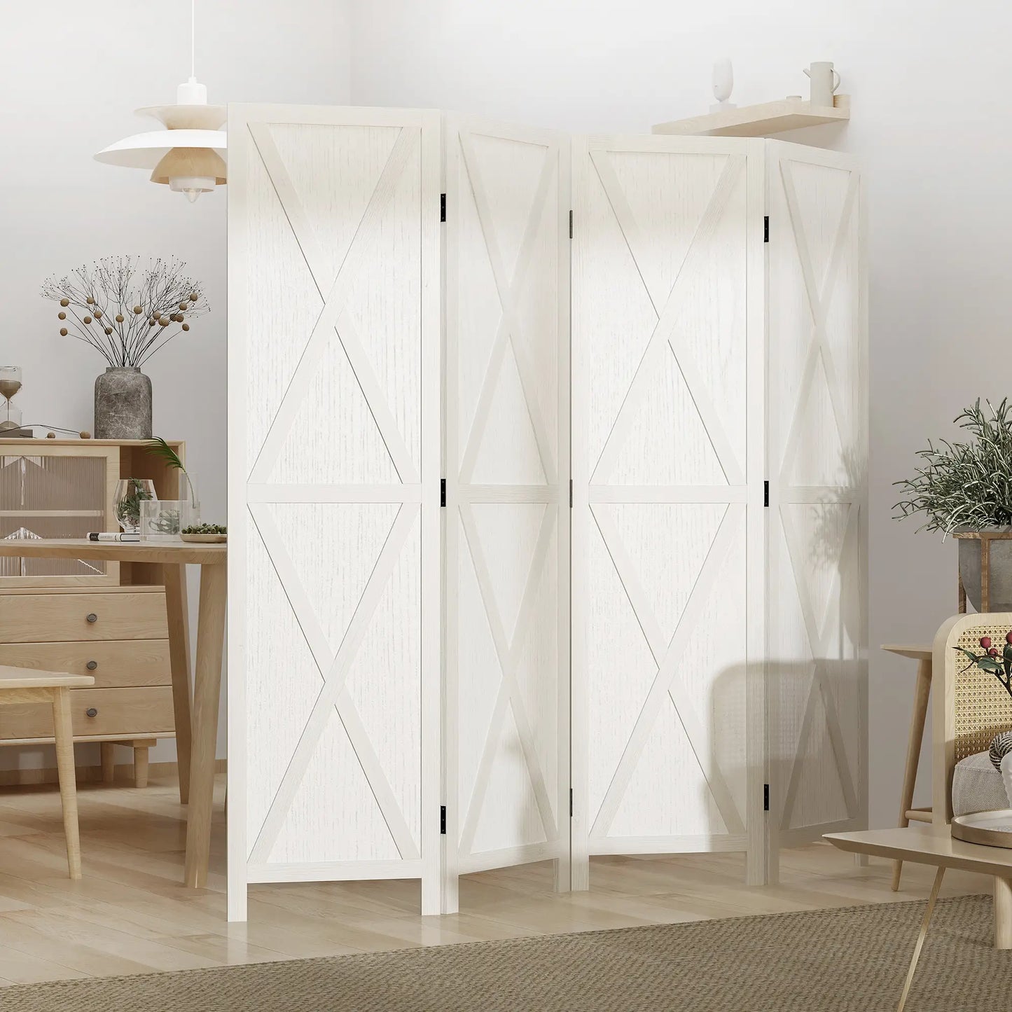 4-Panel Farmhouse Room Divider, Foldable Wooden Frame 5.6FT, White Room Dividers at Gallery Canada