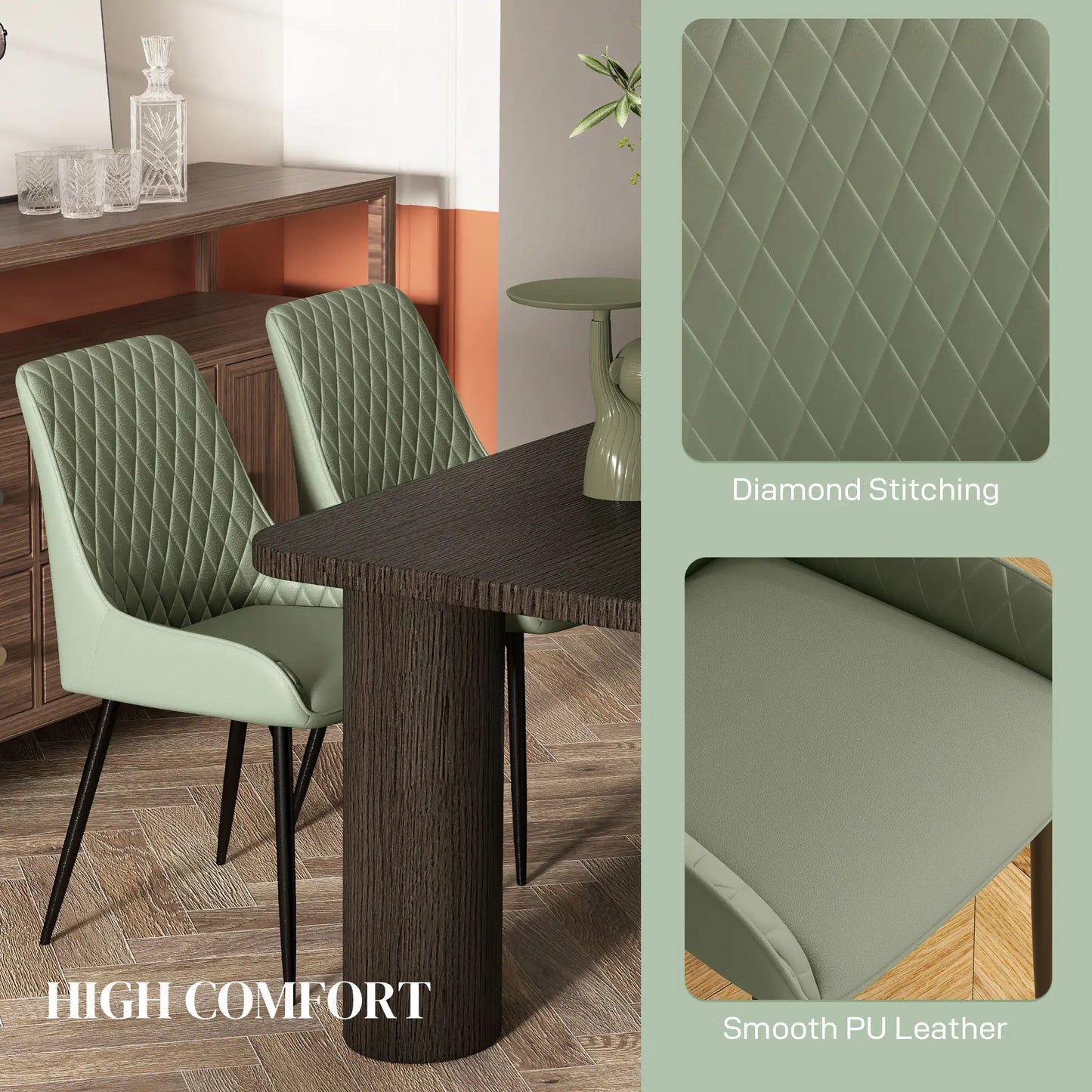 Modern Dining Chairs Set of 2, PU Leather, Metal Legs, Green Dining Chairs at Gallery Canada