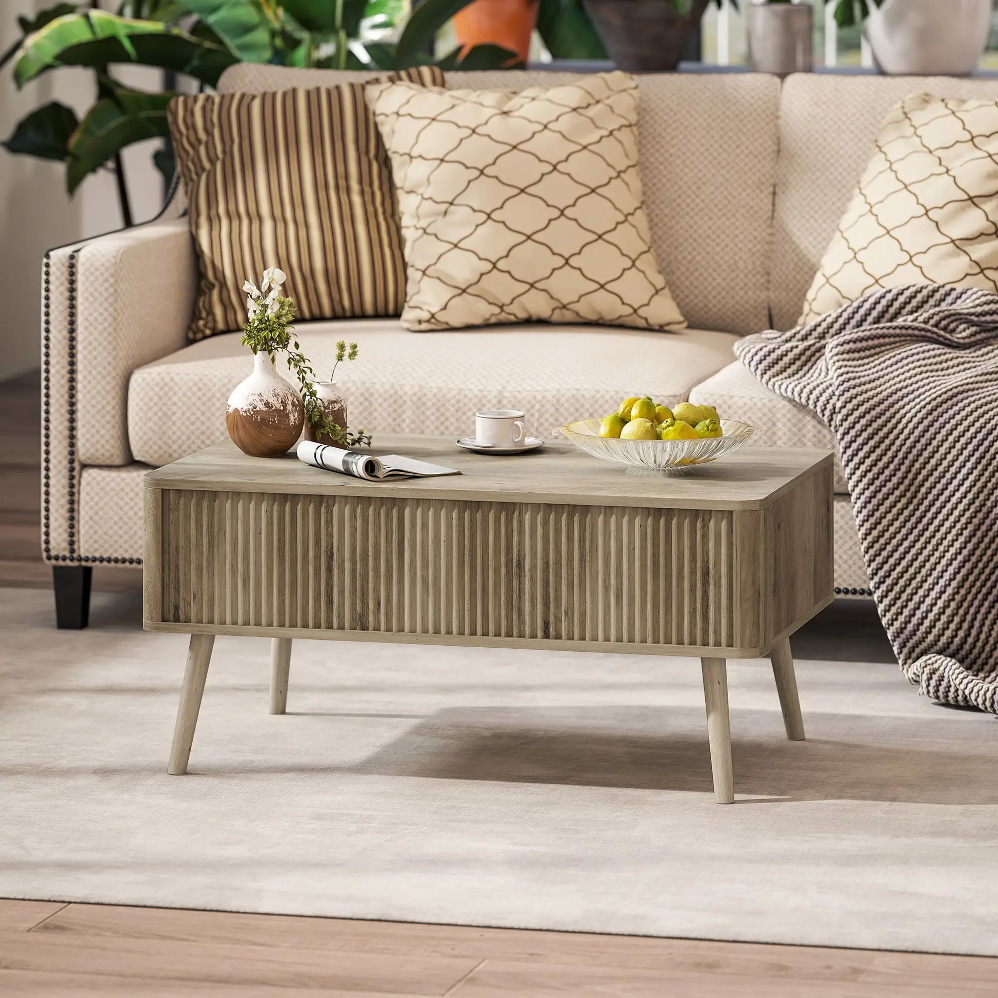 Lift Top Coffee Table with Storage, Hidden Compartments, Pine Wood Legs, Oak Coffee Tables at Gallery Canada