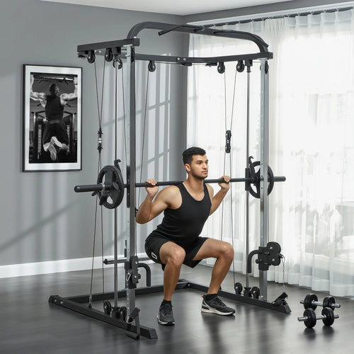 3 In 1 Smith Machine Power Rack, Cable Crossover, Pull Up Station, Squat Rack