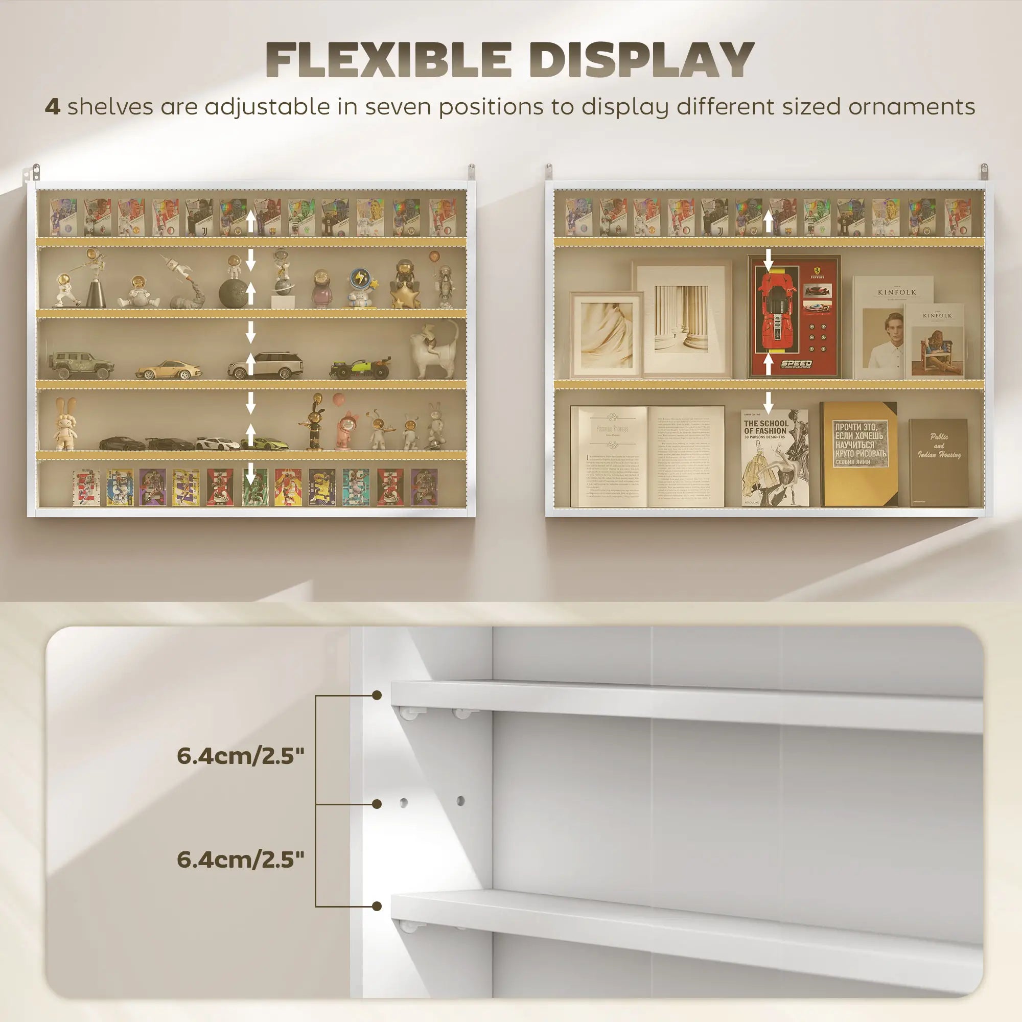 5-Tier Glass Display Cabinet, 2 Doors, 4 Adjustable Shelves, White Display Bookshelves at Gallery Canada