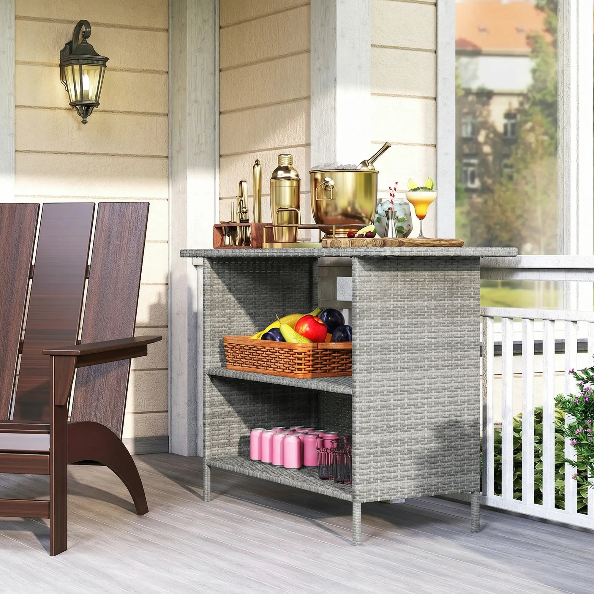 Wicker Outdoor Bar Table, PE Rattan, 2 Shelves, Steel Frame, Dark Grey, Dark Grey Patio Side Tables at Gallery Canada