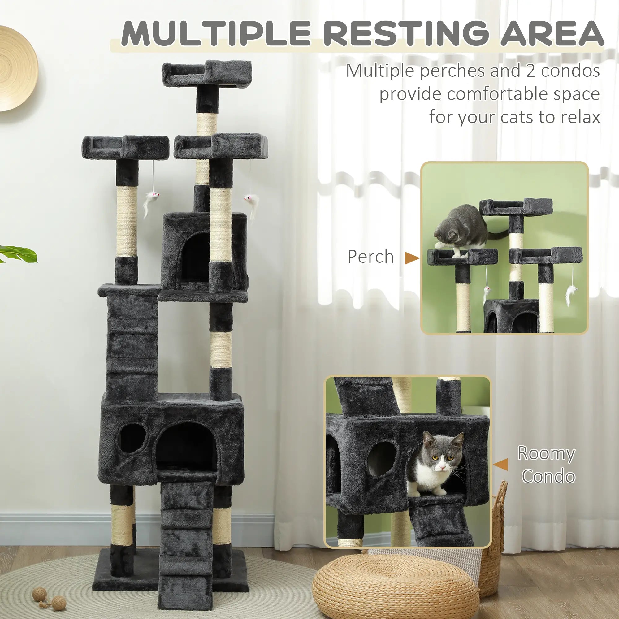 68-Inch Multi-Level Cat Scratching Tree, Kitty Activity Center, Grey Cat Towers at Gallery Canada