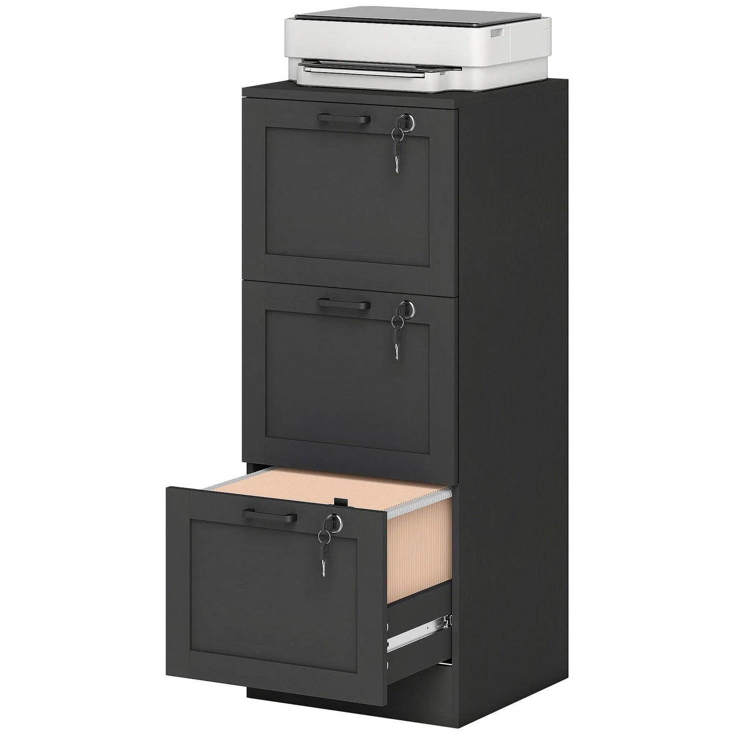 Vertical 3-Drawer Filing Cabinet, Lock, A4 Letter Size, Black Office Cabinets & Cupboards Black Wood Effect at Gallery Canada
