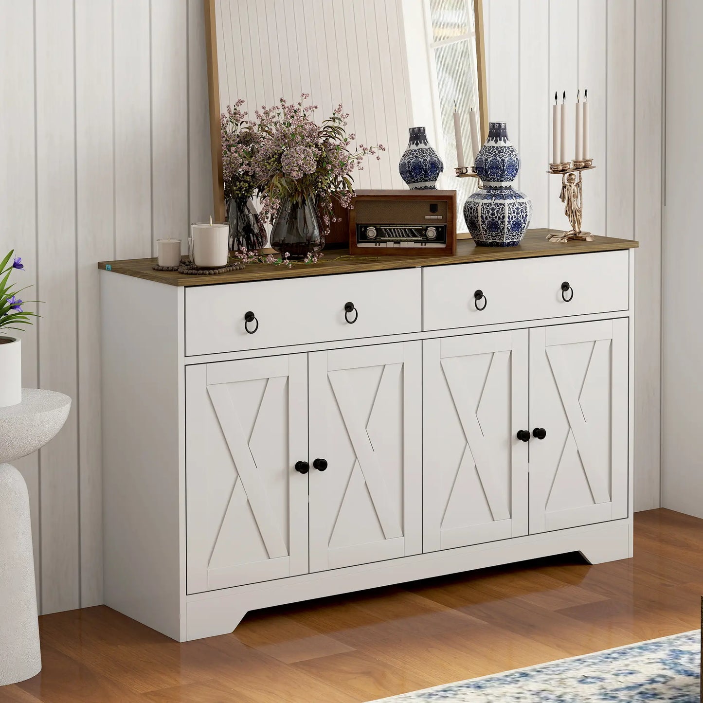 Kitchen Sideboard Cabinet, 2 Drawers, 4 Barn Doors, 2 Adjustable Shelves, White Bar Cabinets at Gallery Canada