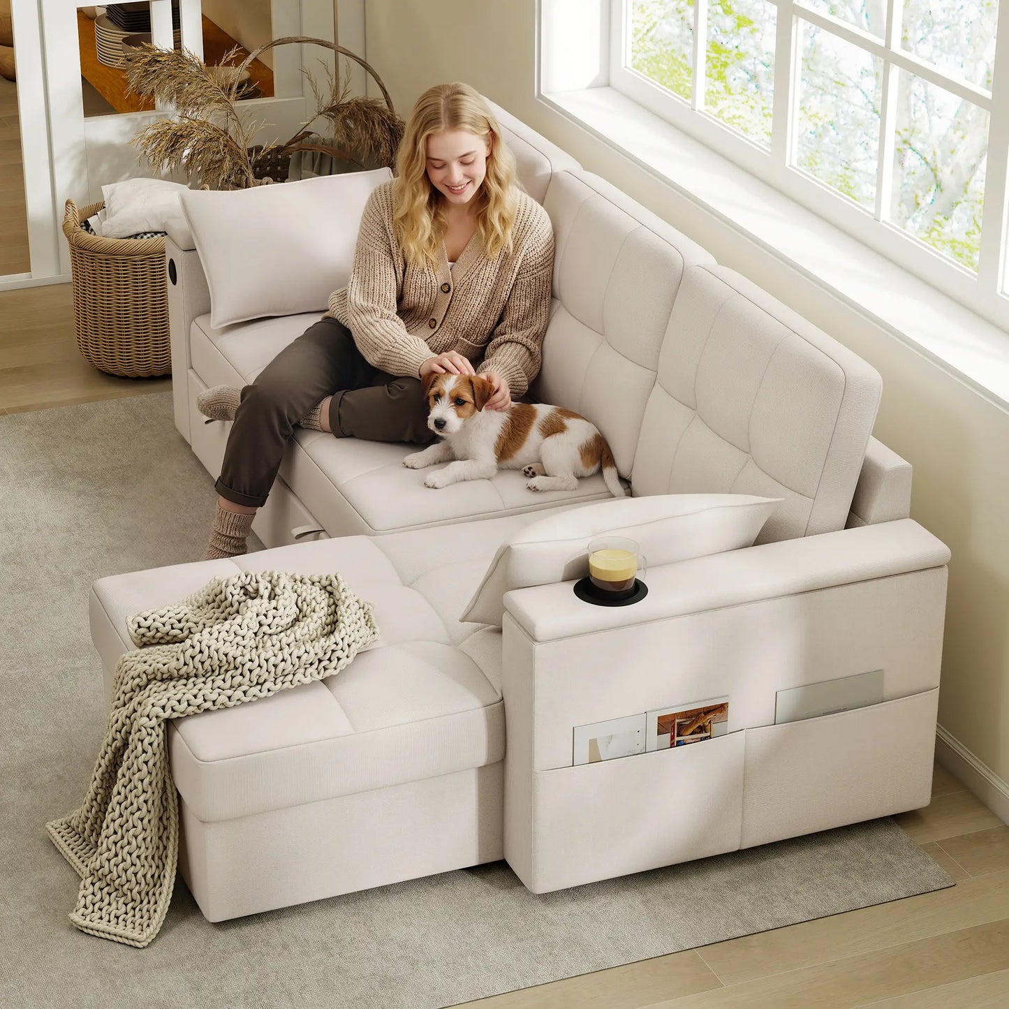 Convertible Sectional Sofa Bed, Pull Out Sleeper With USB‑A+C, Chaise Storage, L-Shaped Futon, Beige Sofas & Reclining Chairs at Gallery Canada