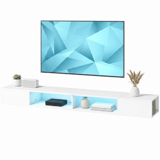 TV Stand with RGB LED Lights, Entertainment Center with Open Shelves for 75 Inch TV, White TV Stands White Wood Grain at Gallery Canada