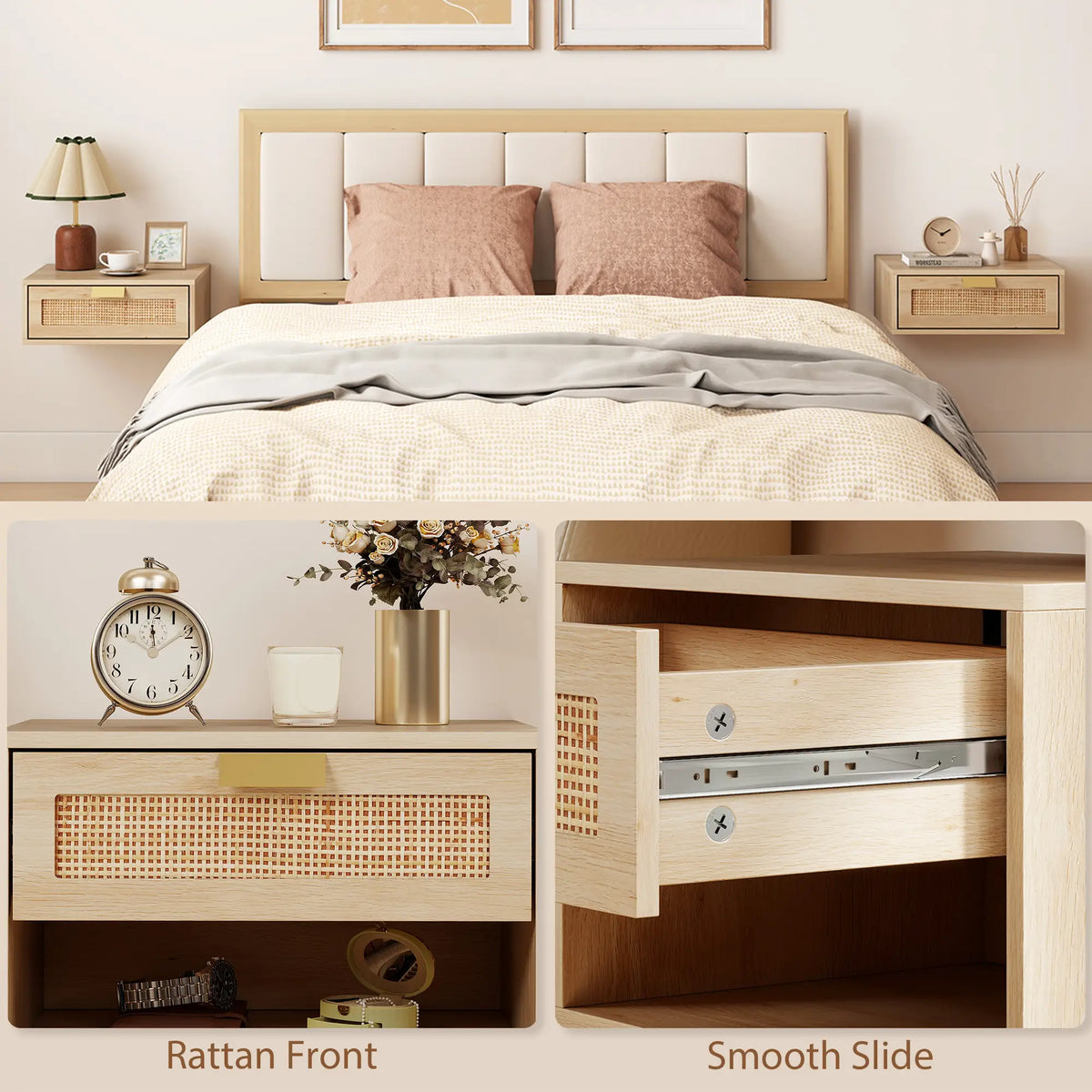 Floating Bedside Tables Set Of 2, Wall Mounted Nightstands, Rattan Drawer, Wood Effect, Oak Bedside Tables at Gallery Canada