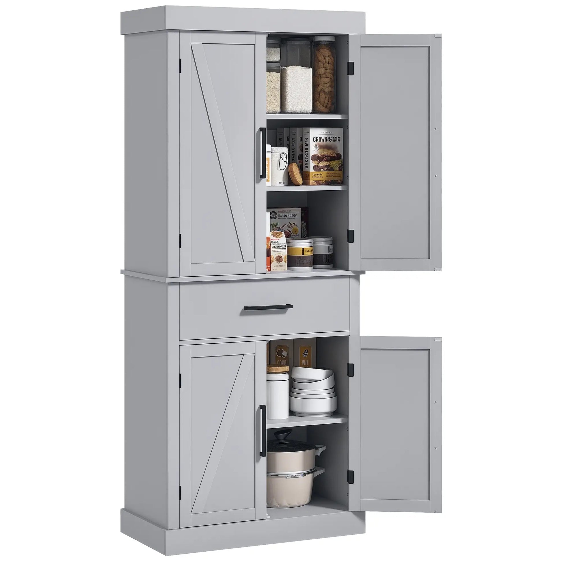 72" Kitchen Storage Cabinet, Farmhouse Pantry, 4 Barn Doors, Drawer, Adjustable Shelves, Grey Kitchen Pantry Cabinets at Gallery Canada