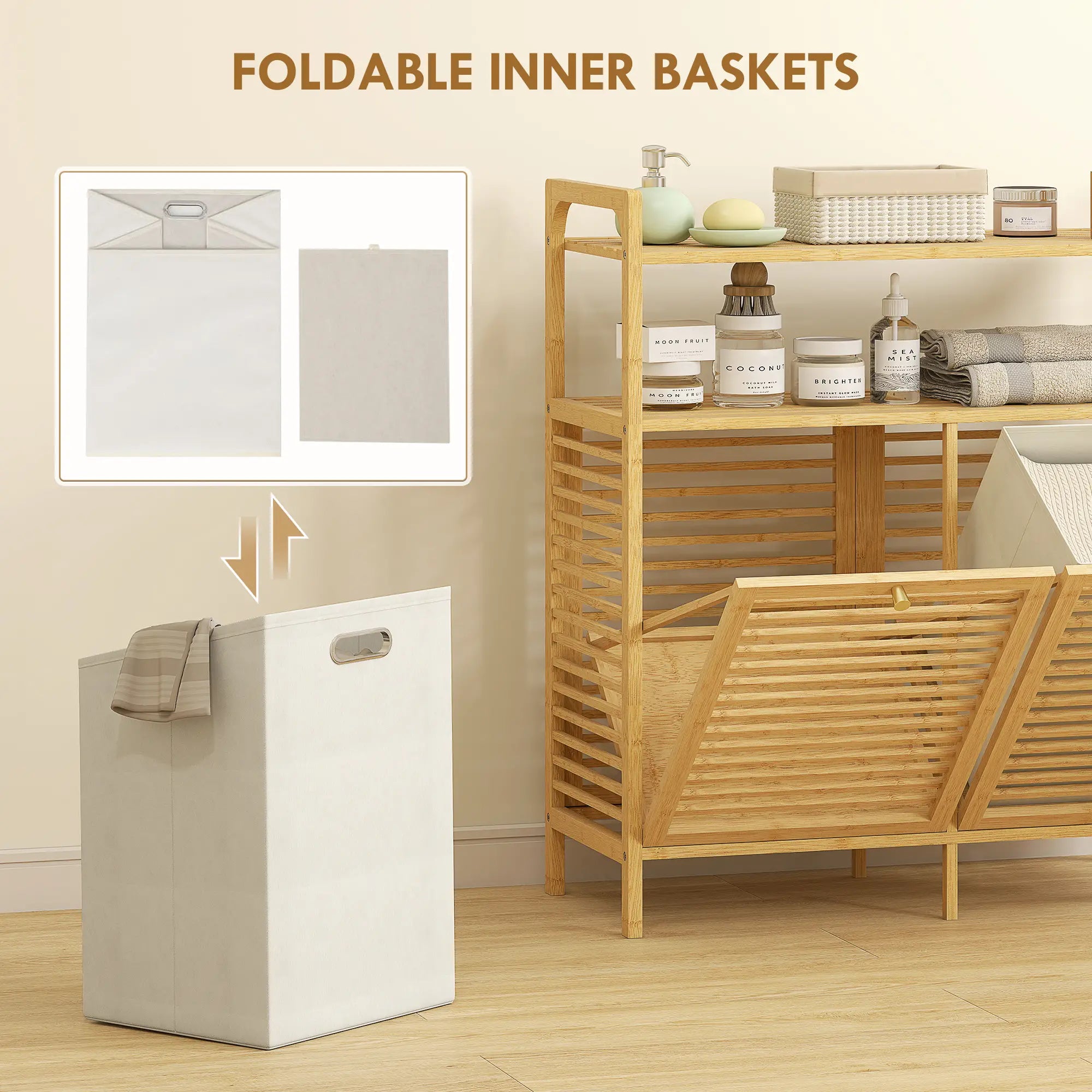 Tilt Out Laundry Hamper, Bamboo Cabinet with 2 Baskets, 2 Shelves, Natural Bathroom Cabinets at Gallery Canada