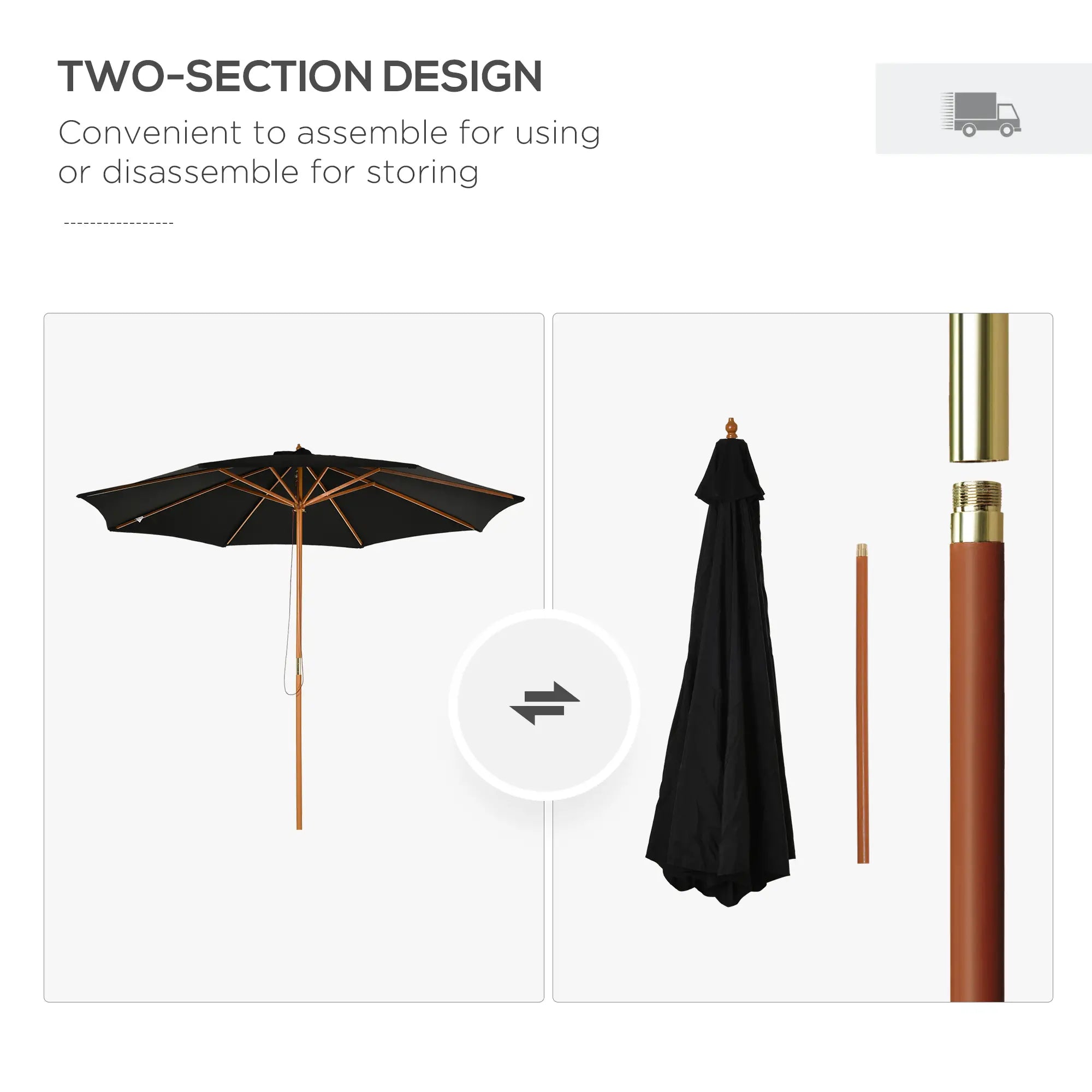 10' x 8' Wooden Patio Umbrella, Outdoor Sunshade Canopy, Black Sun Umbrellas at Gallery Canada