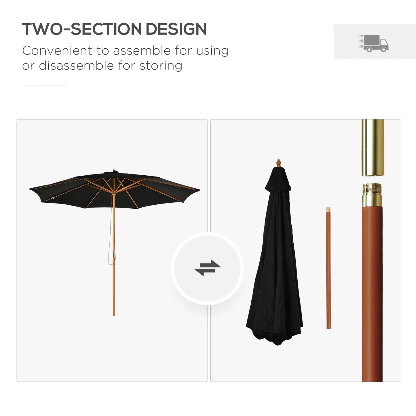 10' x 8' Wooden Patio Umbrella, Outdoor Sunshade Canopy, Black Sun Umbrellas at Gallery Canada