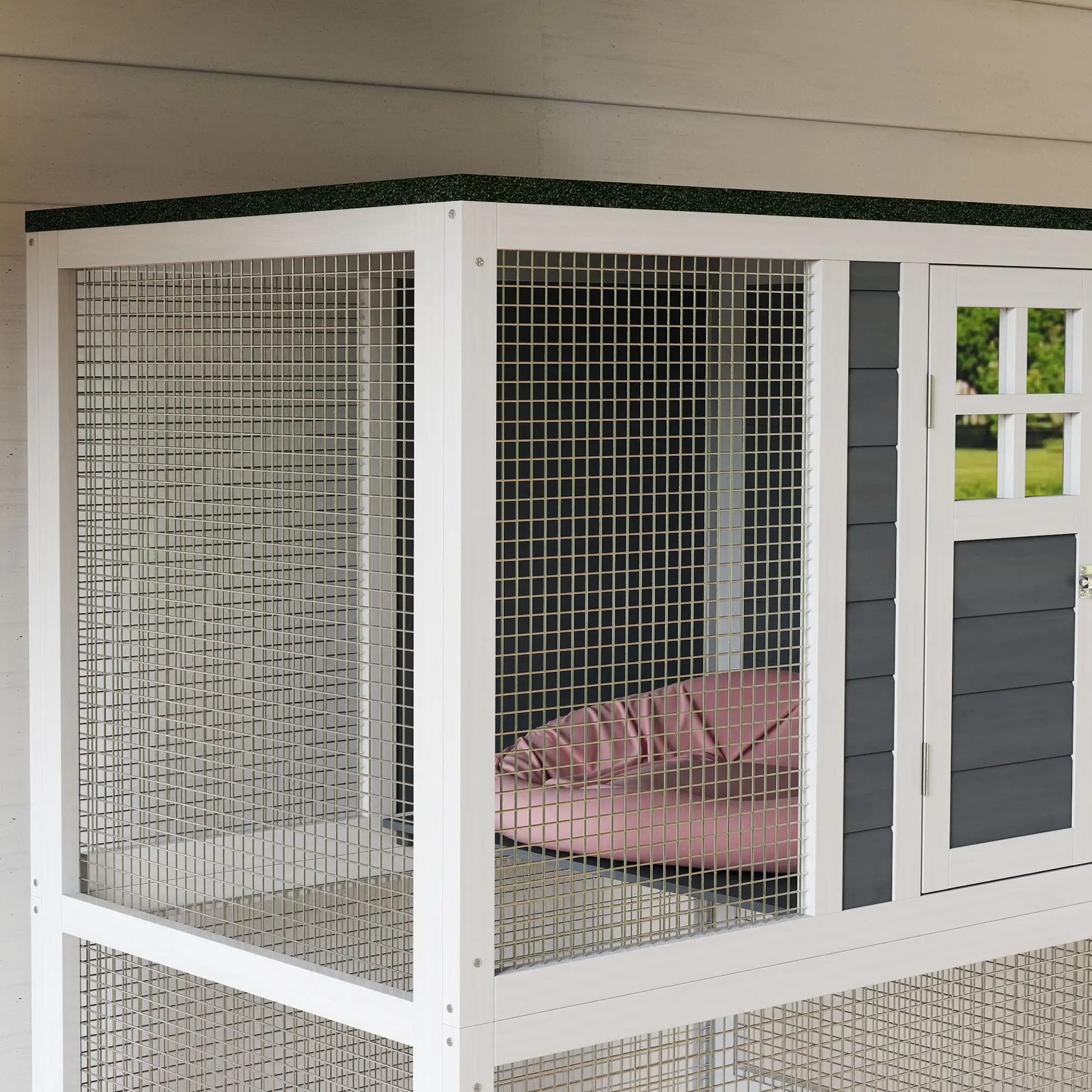 74" Wooden Outdoor Cat House, Weatherproof, Wheeled, High Weight Capacity, White Outdoor Cat Enclosures at Gallery Canada