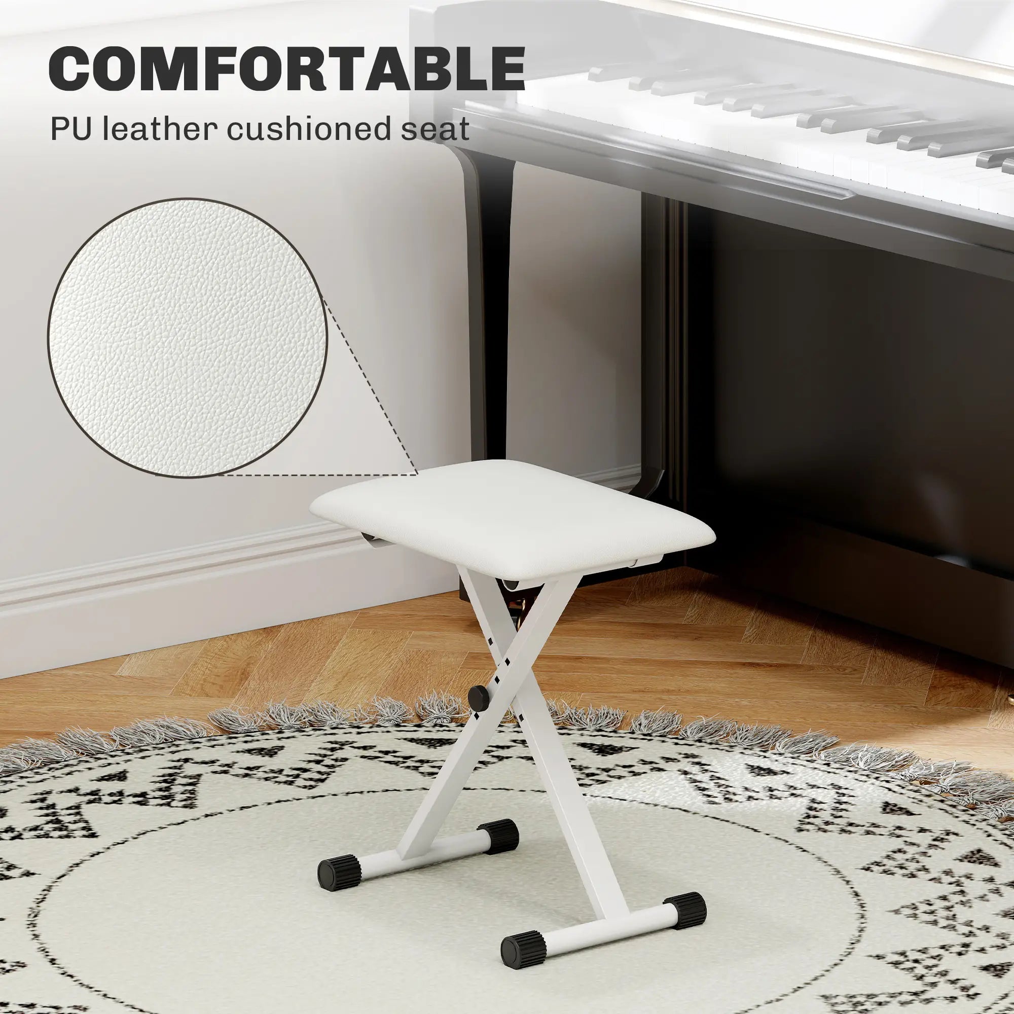 Adjustable Piano Bench, X-Style Folding Piano Stool with Padded Seat, Non-Slip Rubber Feet, Keyboard Chair, White Piano Benches at Gallery Canada