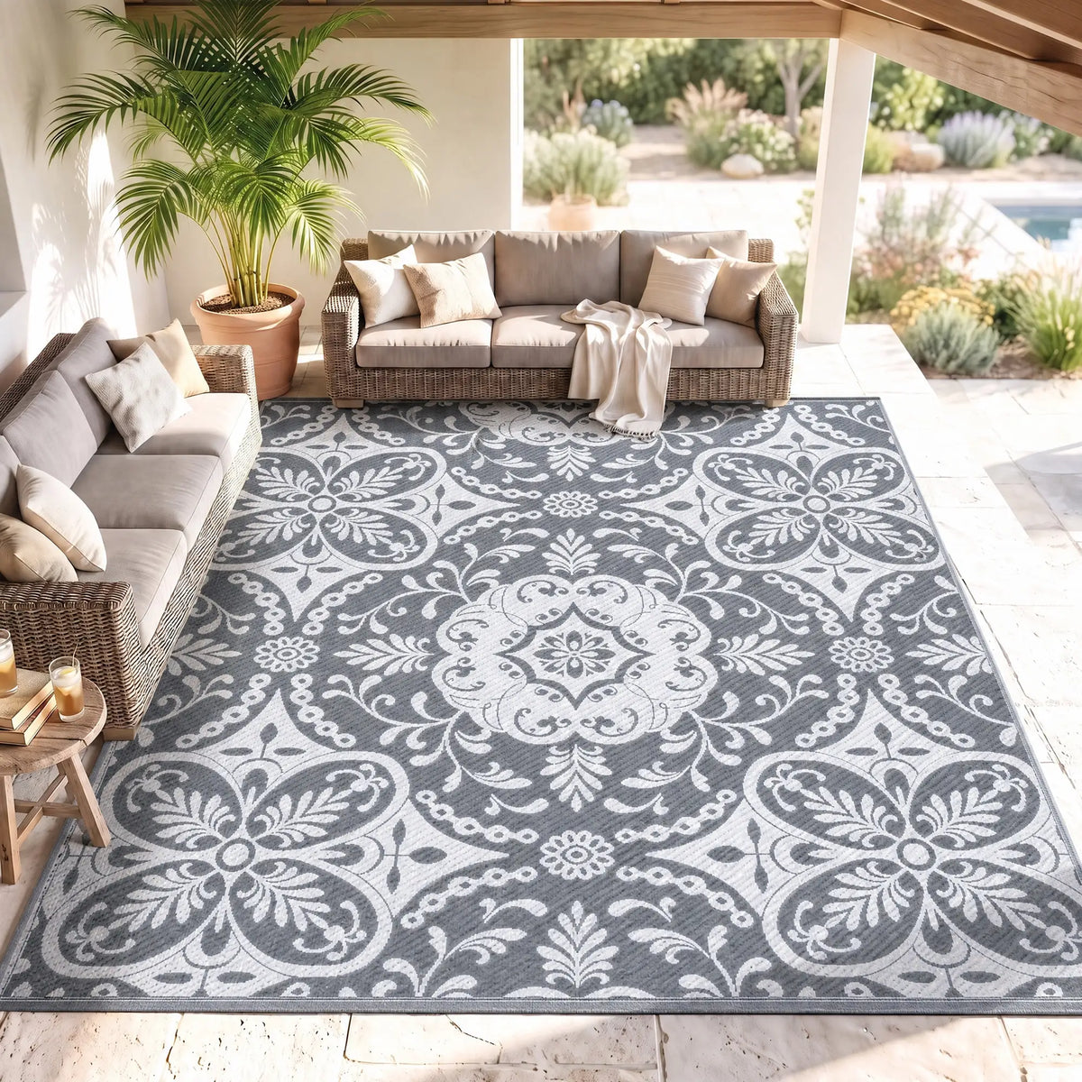 Tapis Extérieur Portable, 9' x 12', Imperméable, Fleur Blanche, Gris